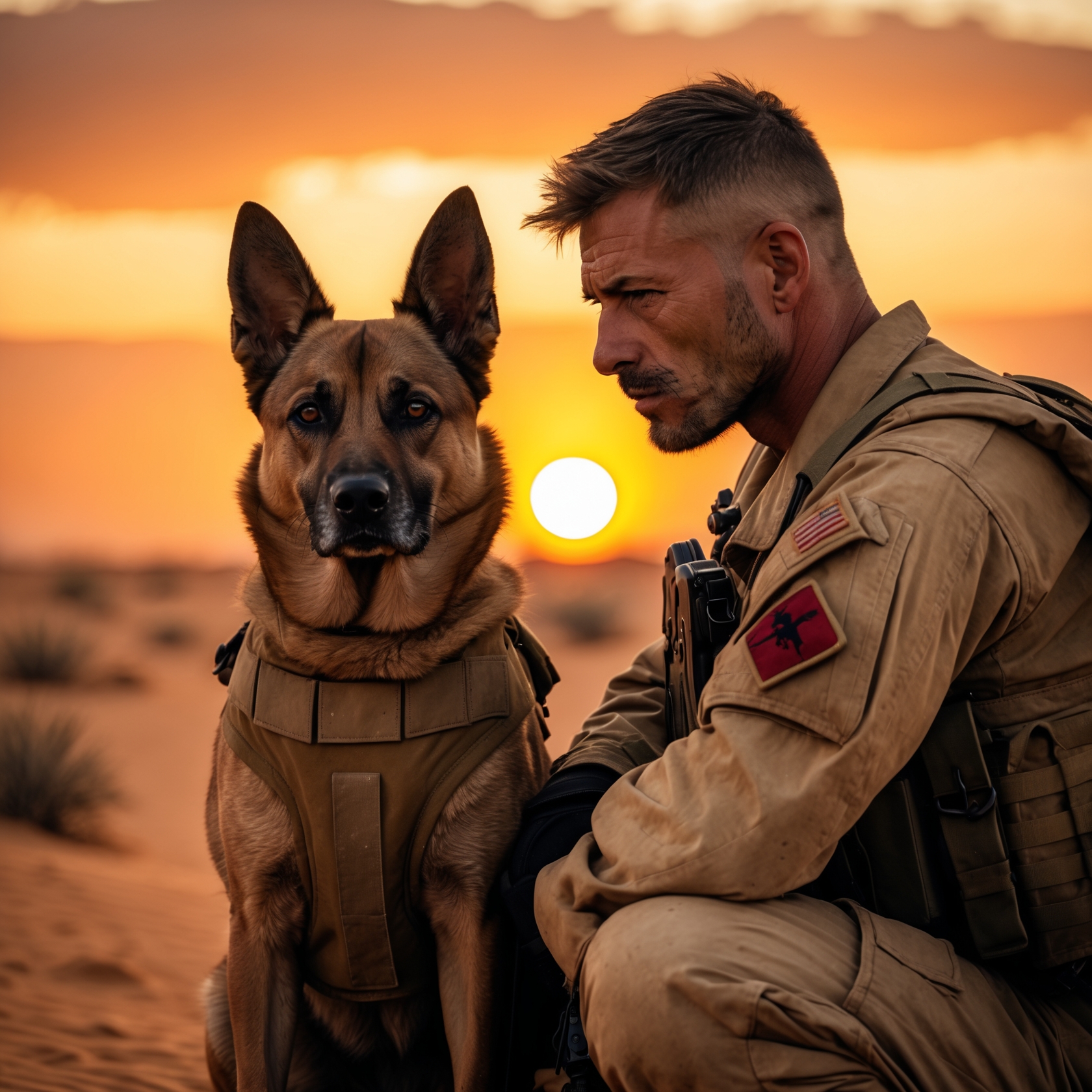 A military dog and his handler standing strong in a war zone, symbolizing loyalty and courage in combat.
