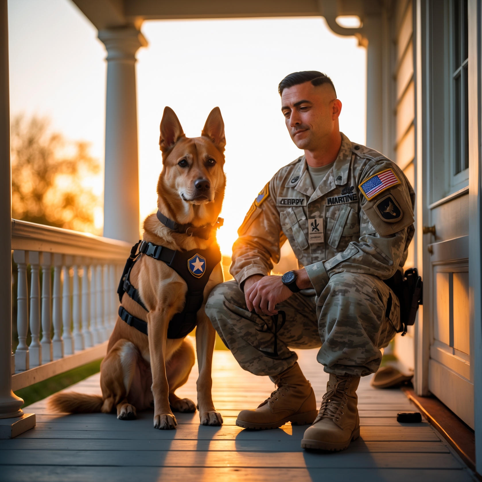 K9 Luna with her handler, Sergeant Martinez, in a peaceful moment symbolizing her journey from military service to therapy dog.