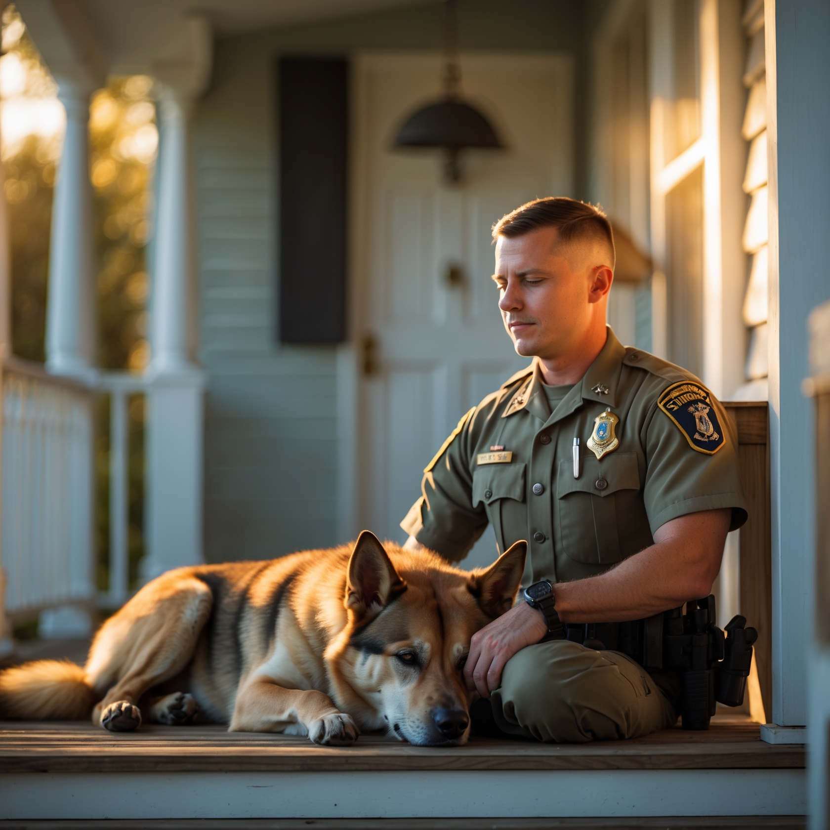 K9 Tango and his handler Sergeant Thompson share a quiet moment, symbolizing their bond of loyalty and peace after years of service.