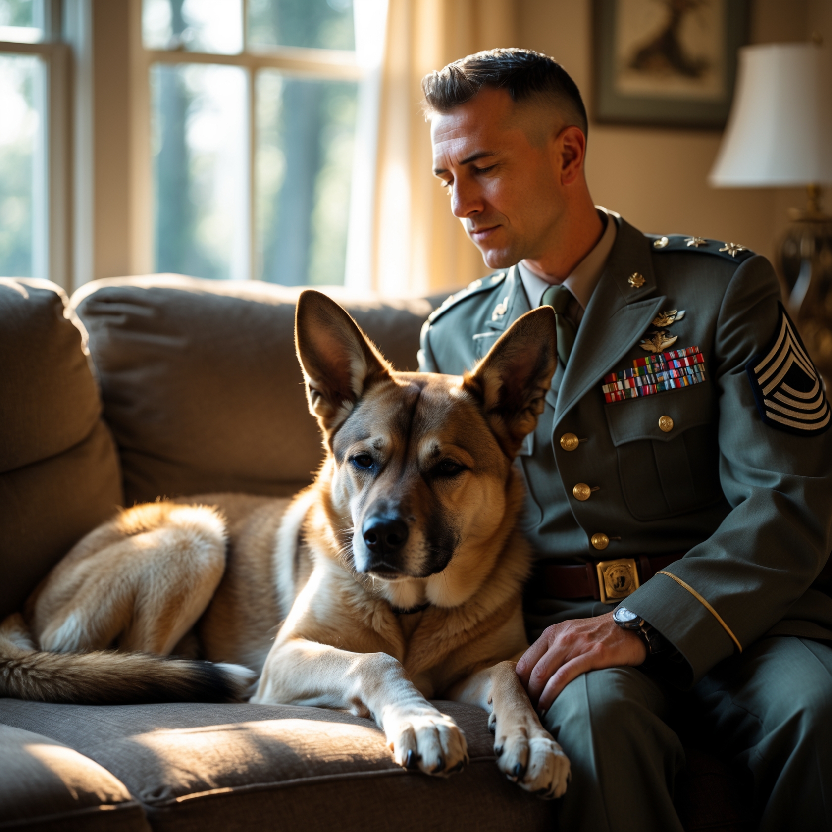 Max the German Shepherd resting peacefully with his handler, Sergeant Miller, symbolizing the transition from military service to peaceful retirement.
