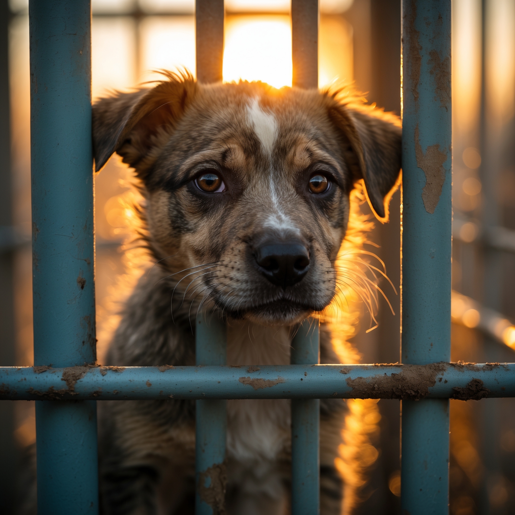 A rescue dog in a shelter at sunset, showing vulnerability and hope.