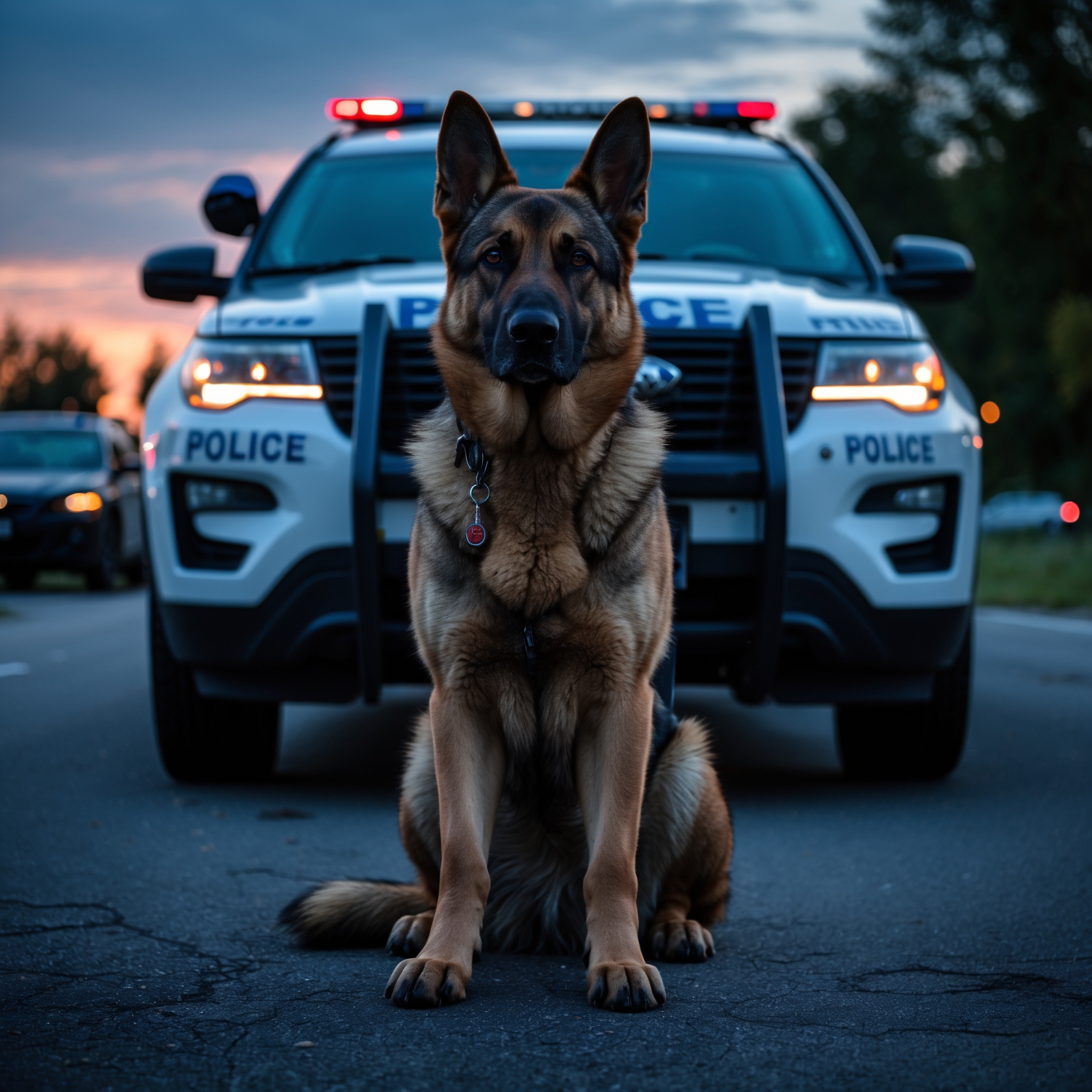 A proud K9 dog silently guarding near a patrol vehicle, showing strength and duty.