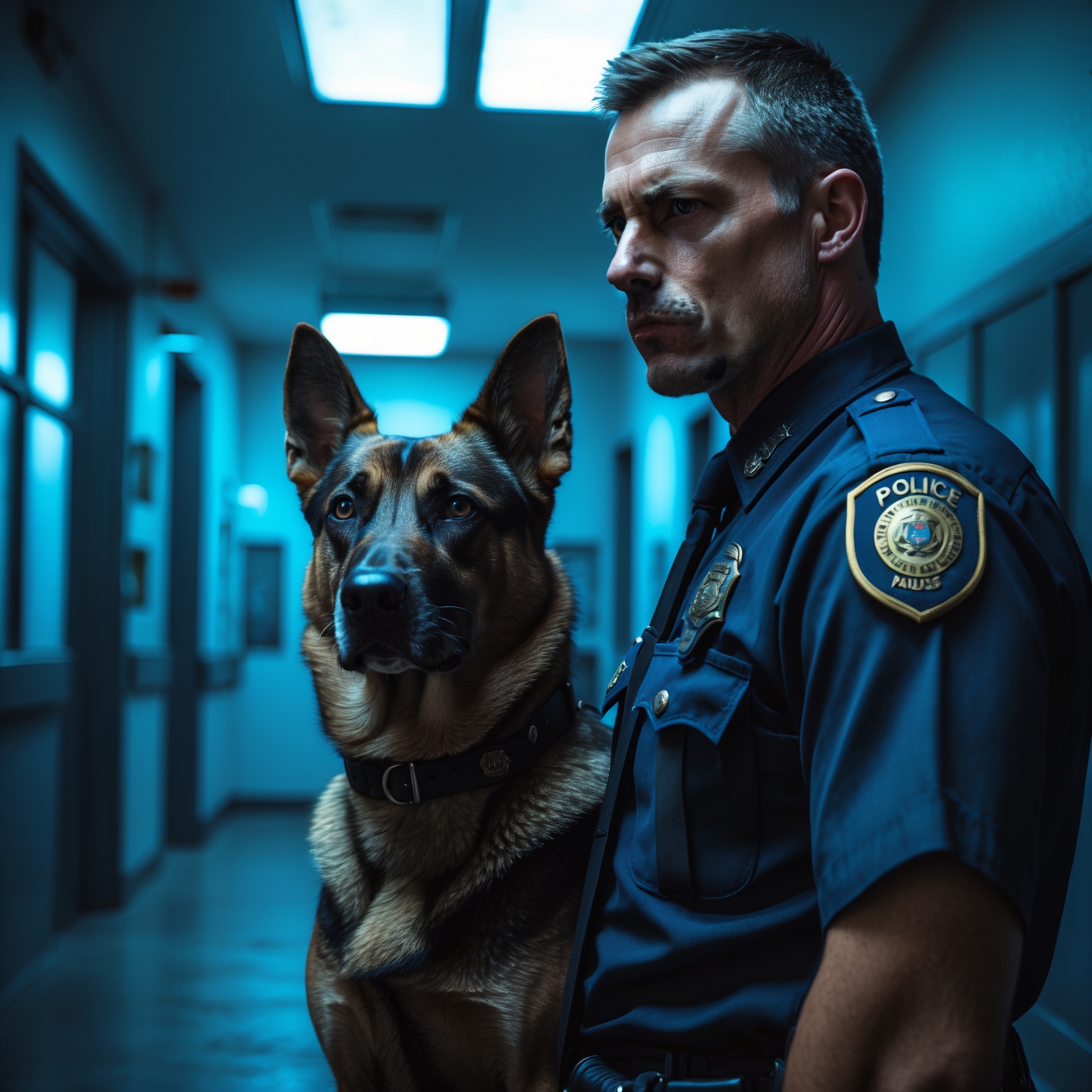 A heroic police dog beside her handler, capturing the powerful bond and mission-driven purpose.