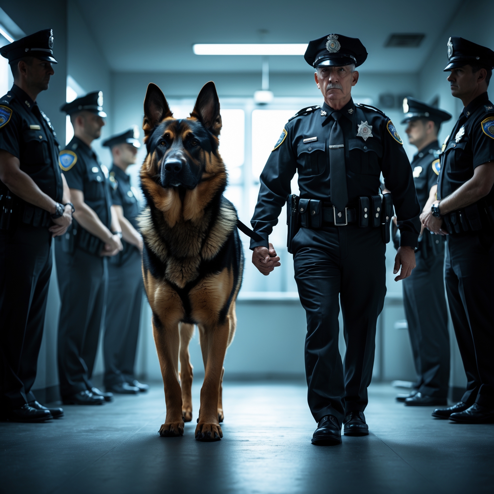 A heroic dog takes his final walk through the police station, honored by fellow officers in a touching farewell.