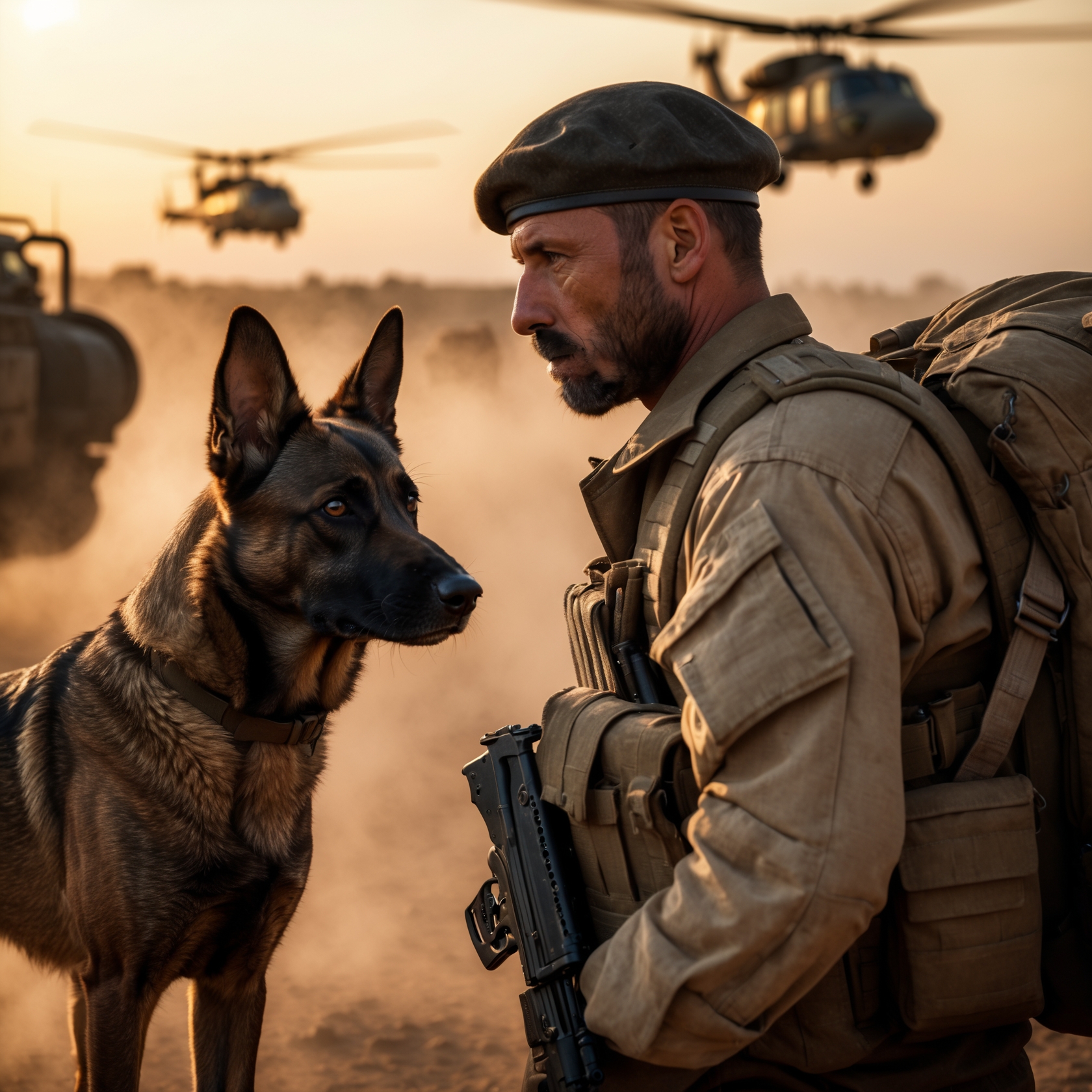 A brave military dog beside his handler in a combat zone, capturing a moment of courage and loyalty.