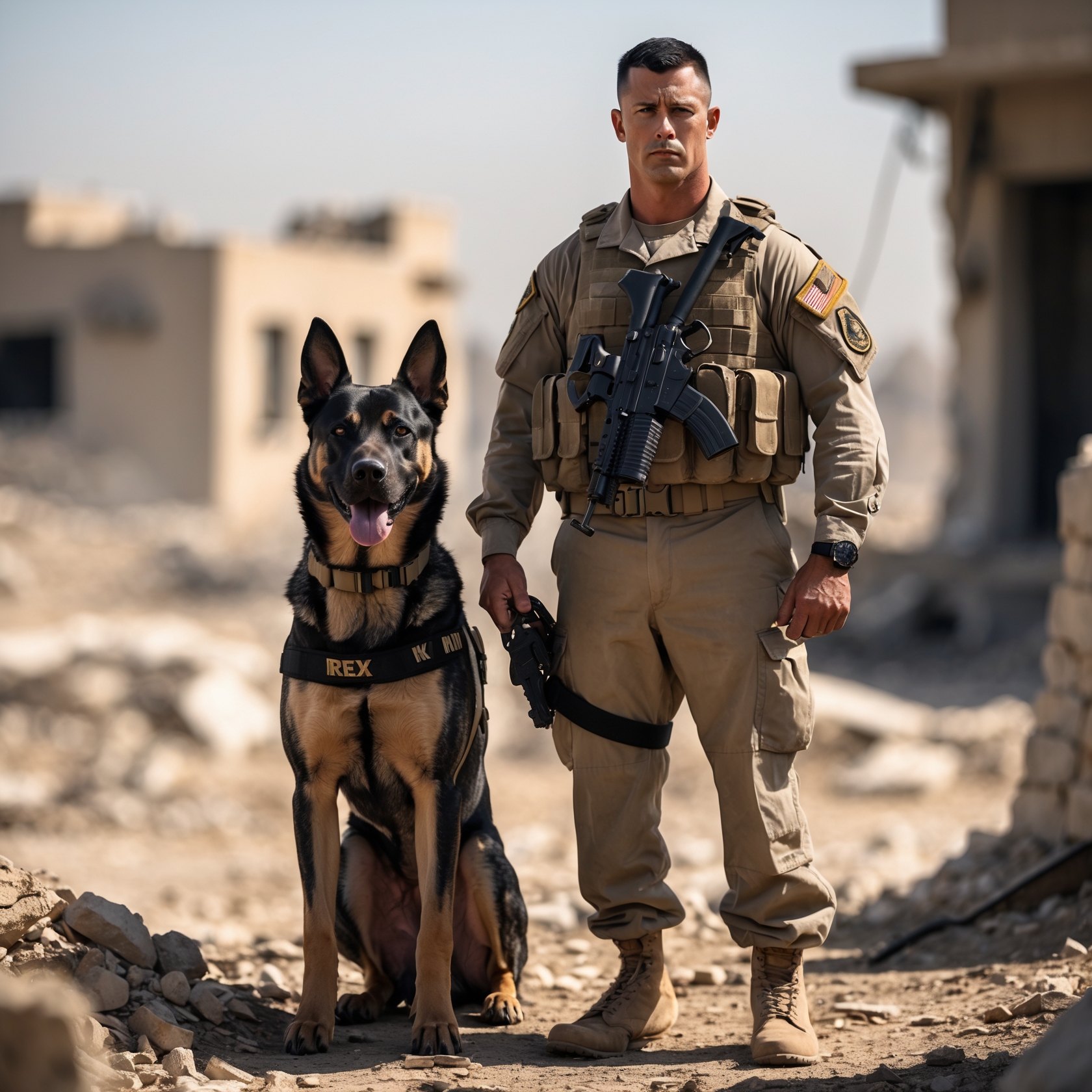 Rex the military K9 standing tall with his handler, ready for a dangerous mission in Afghanistan.