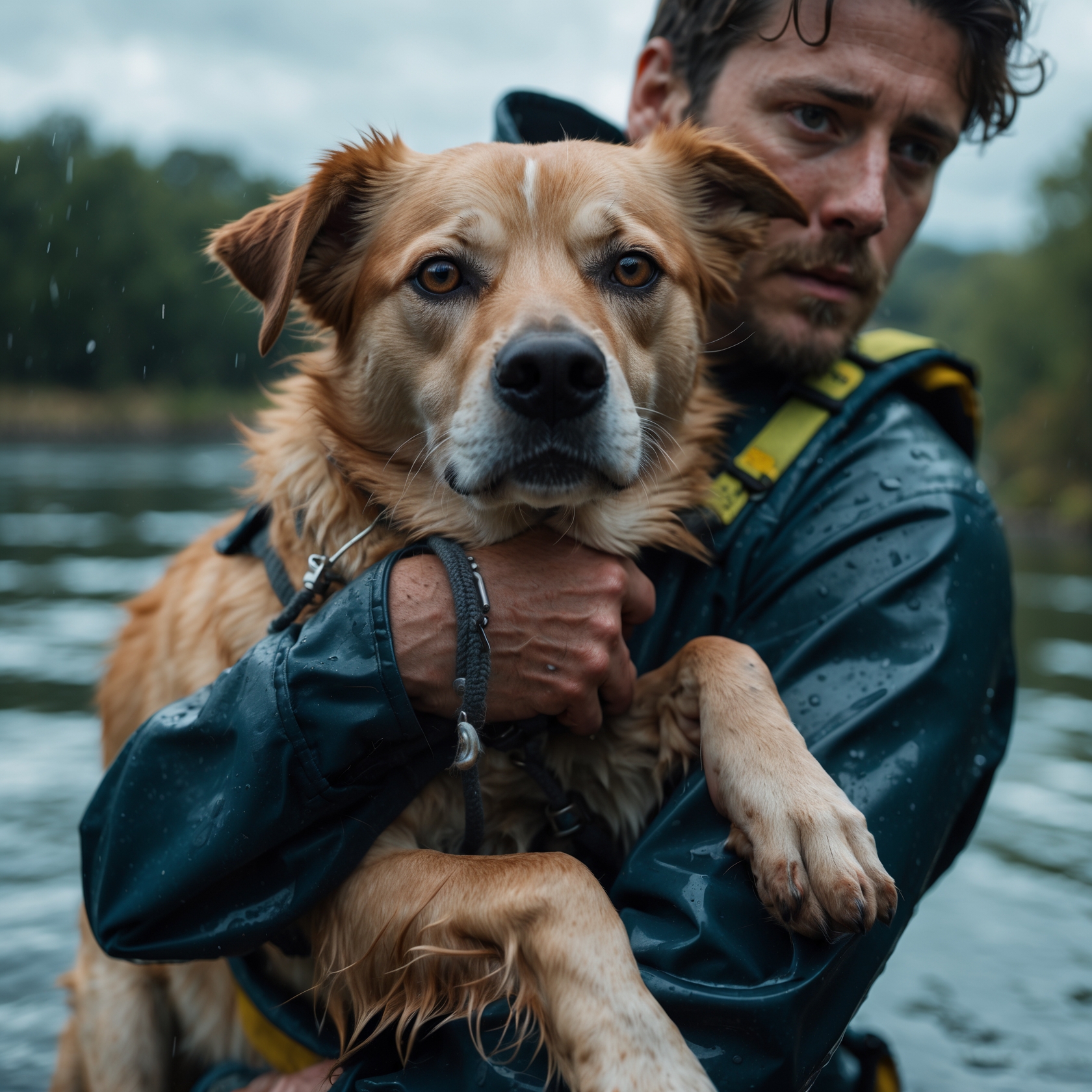 Charlie, the rescued dog, in Daniel’s arms after being freed from a flooded basement, his journey of survival beginning anew.