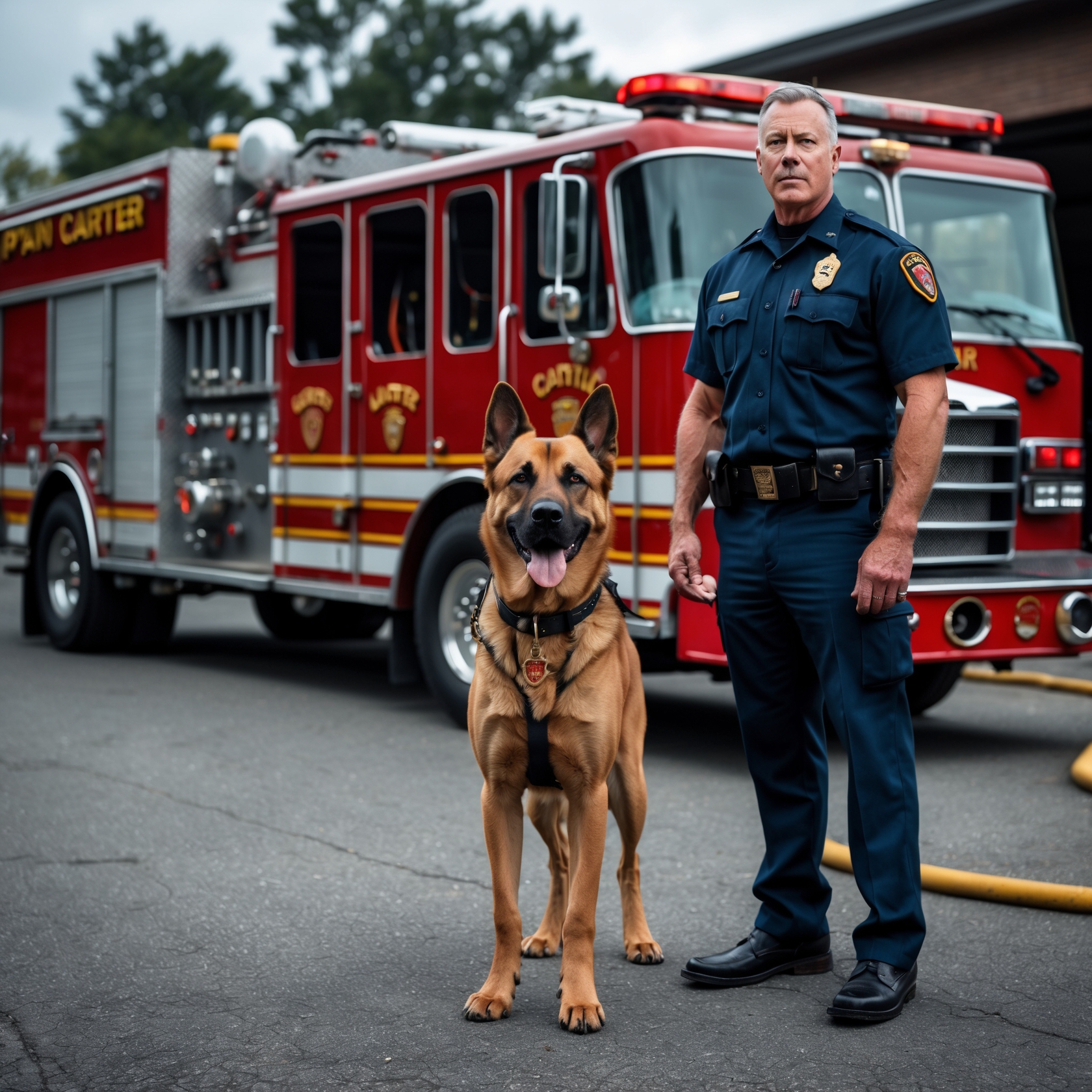 A courageous firefighter K9, Buster, standing by his handler ready for a search-and-rescue mission.