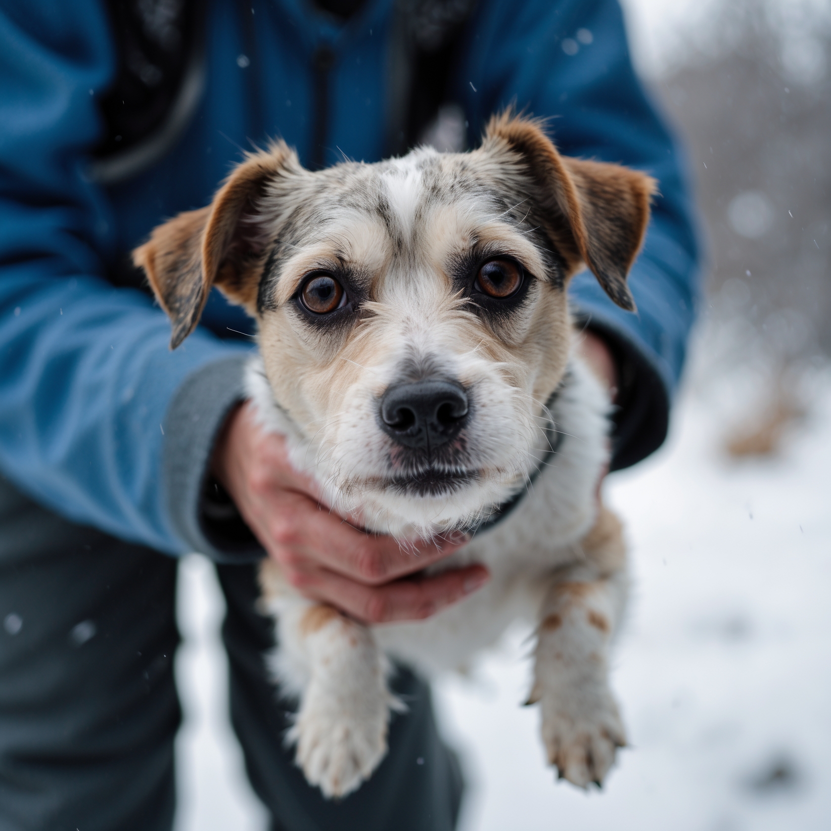 Lucky the terrier, injured but trusting, is lifted by a rescuer after being thrown from a moving car, symbolizing his resilience and strength.