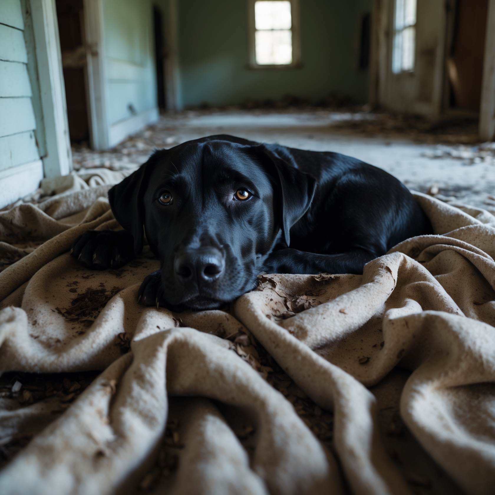 Shadow, the abandoned dog, curled up in a cold, empty house, waiting for someone to bring him the love he had been denied.