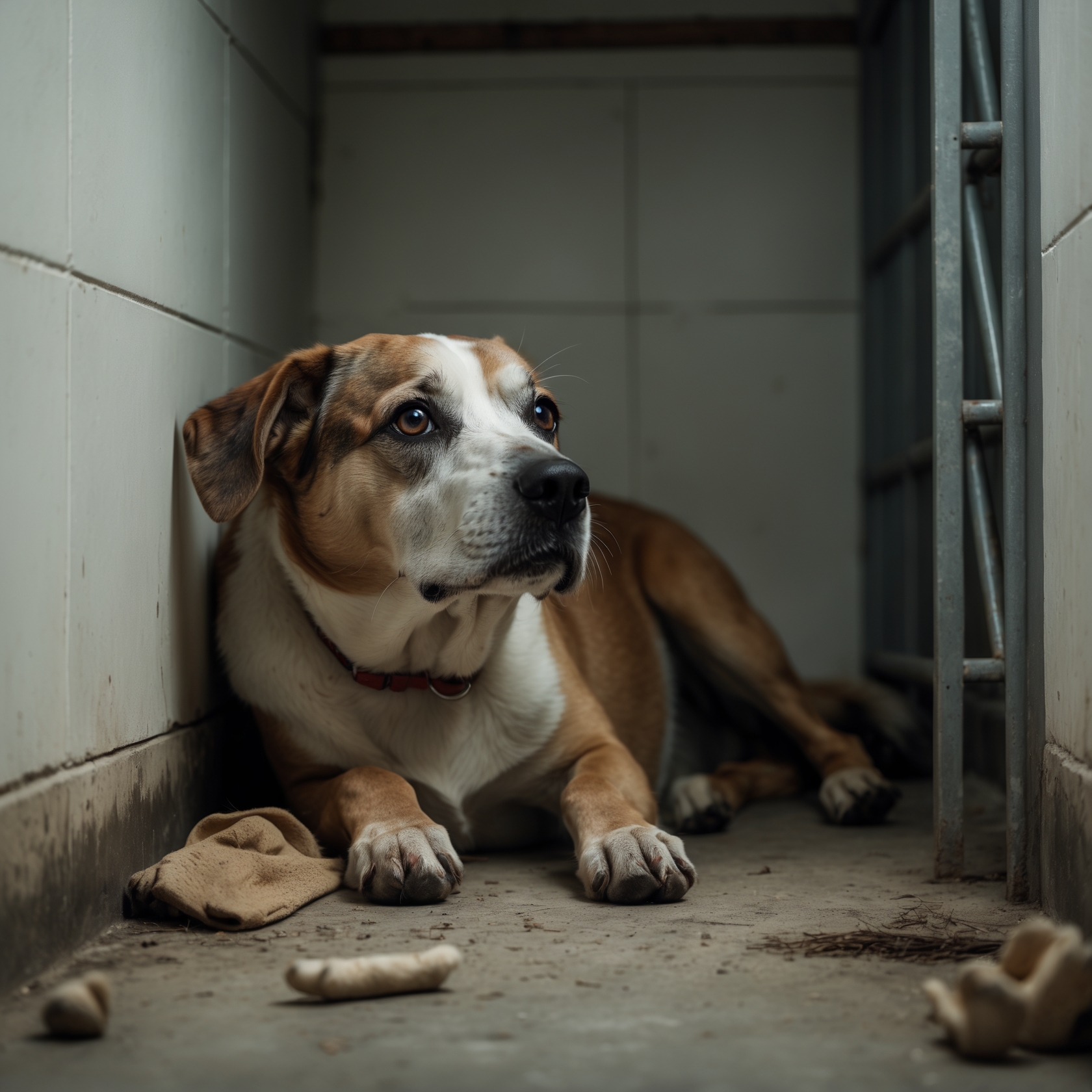 A senior dog sitting quietly in a shelter corner, showing the scars of a life filled with neglect, yet with a hint of hope in her eyes.