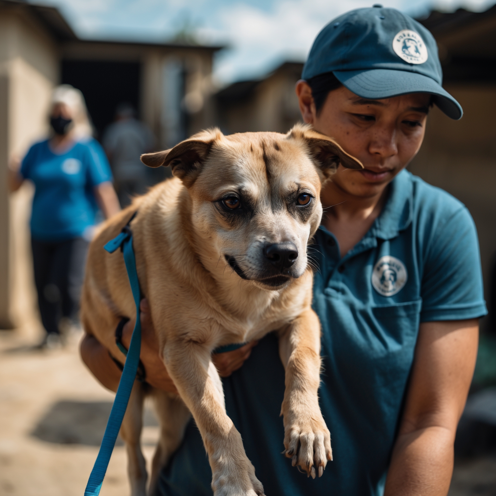 Ziggy walking proudly on a leash with his new family, embracing his newfound confidence and joy.