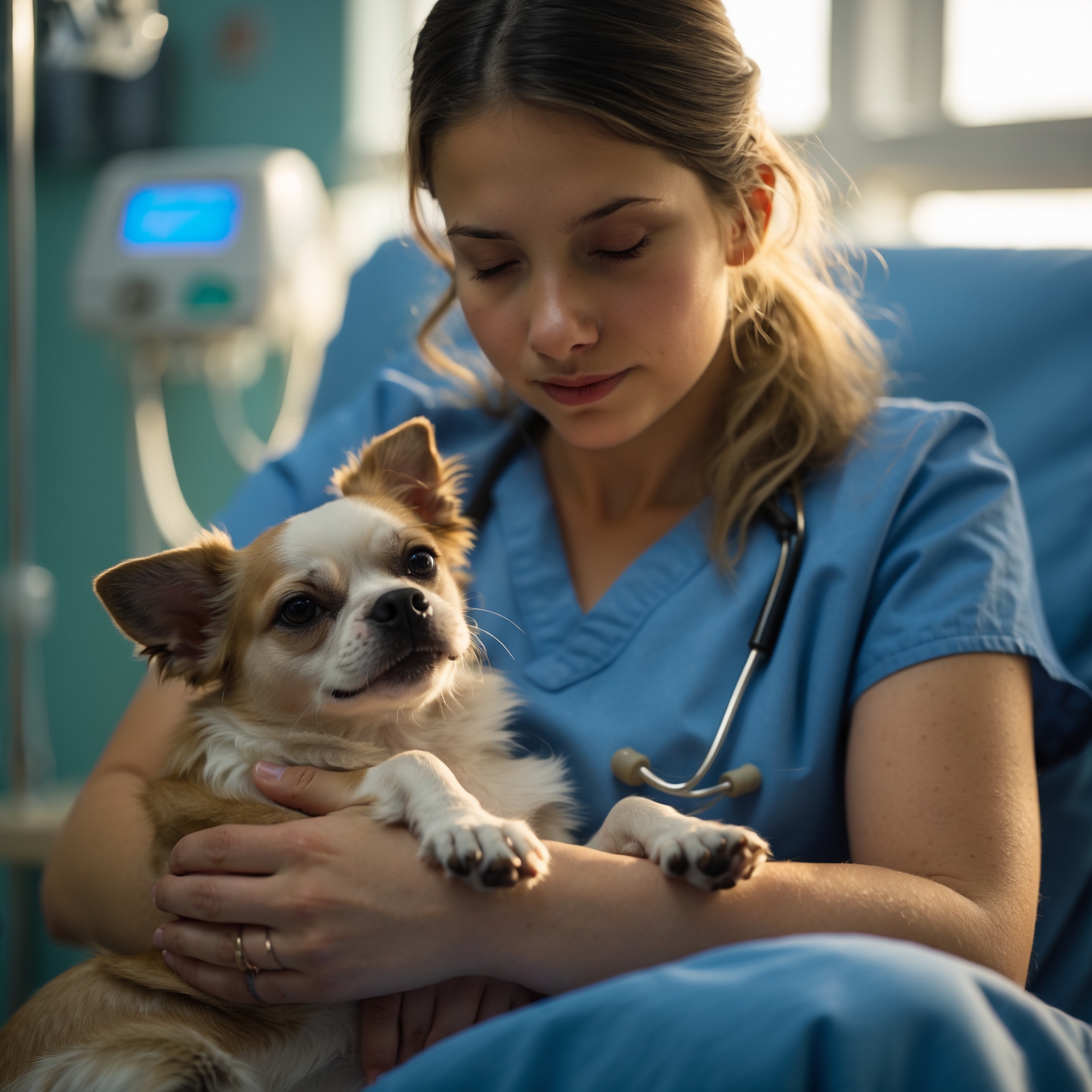 Hope, the resilient dog, in Melanie’s arms at the animal hospital, after being rescued from a horrific ordeal.