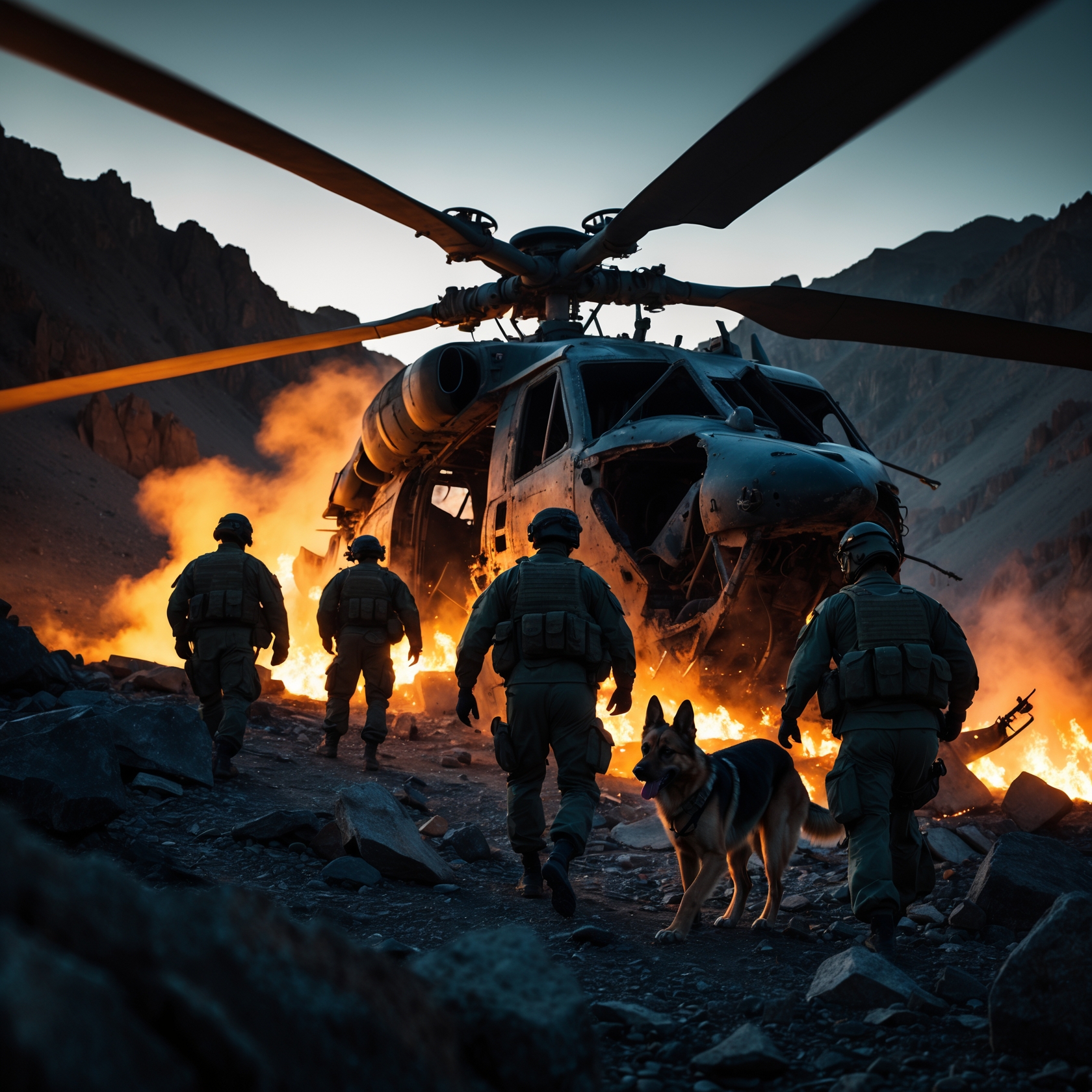 K9 Odin and soldiers near the wreckage of a helicopter in Afghanistan, an emotional moment of survival and loyalty.