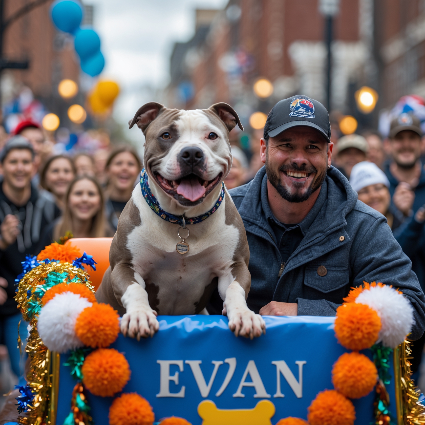 Rusty the rescue dog and Evan ride together in a parade, showcasing the deep bond between them and the joy they bring to others