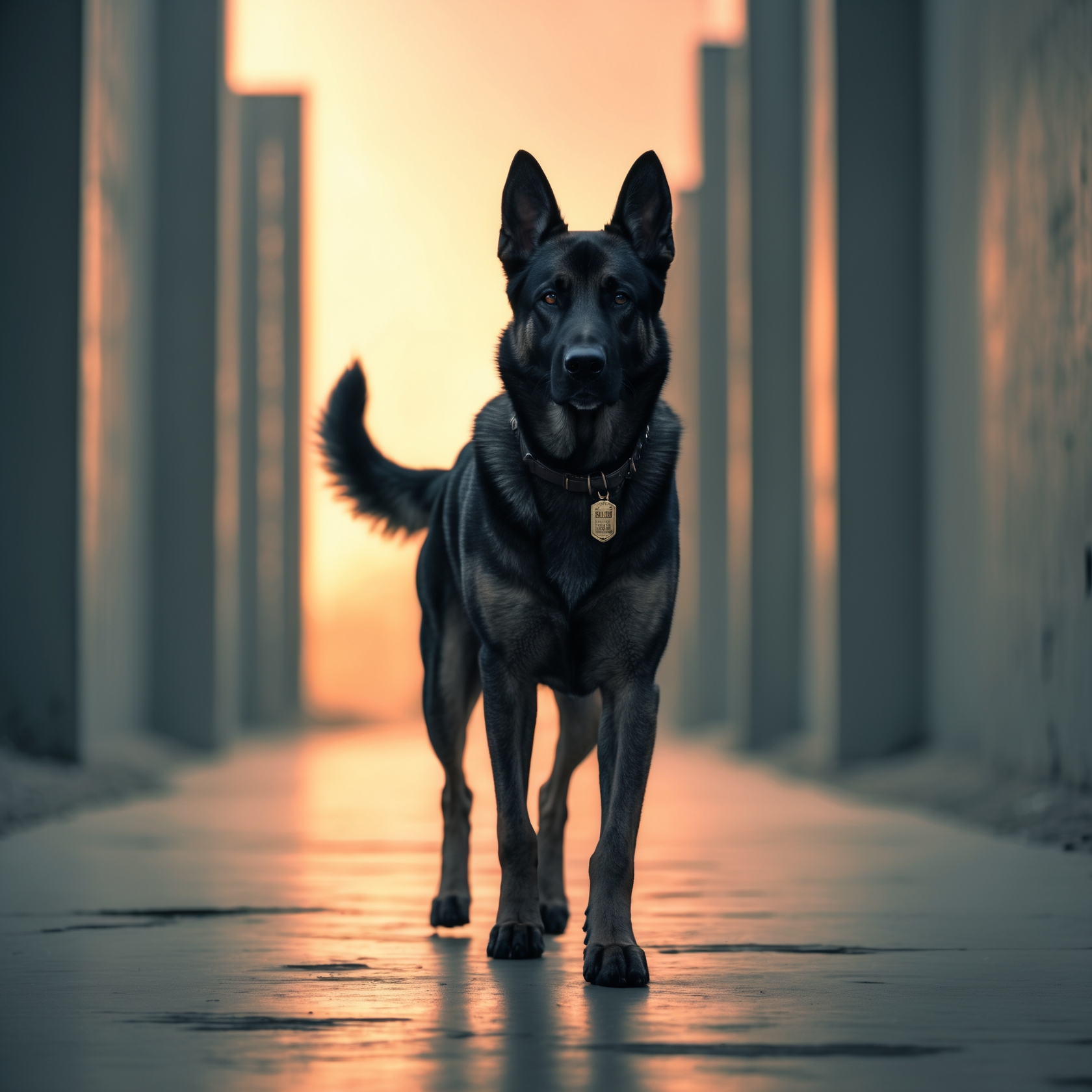 K9 Storm leading his team through a dangerous compound, focused and ready for anything.