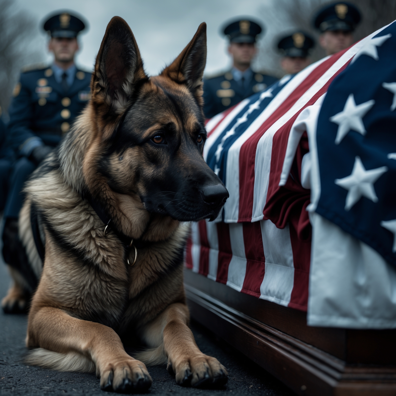 K9 Scout at his handler’s funeral, standing guard beside the casket in a powerful display of loyalty.