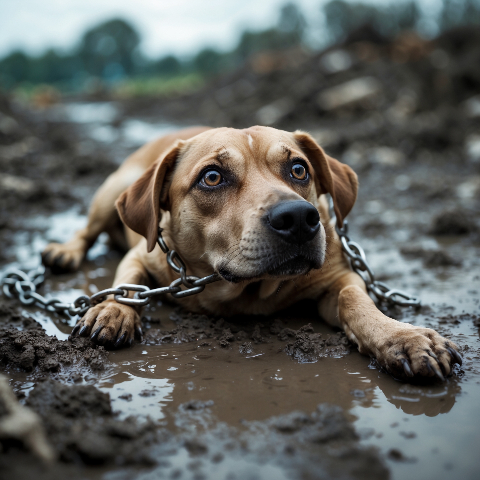 Bruno, a neglected mastiff mix, lying in the mud with a chain still attached, his eyes full of weariness from years of isolation.