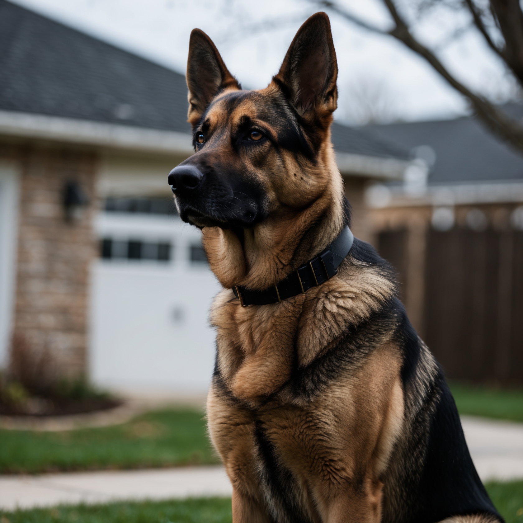 K9 Hunter, a retired military dog, guarding his home with a protective stance, embodying loyalty and vigilance even in retirement.