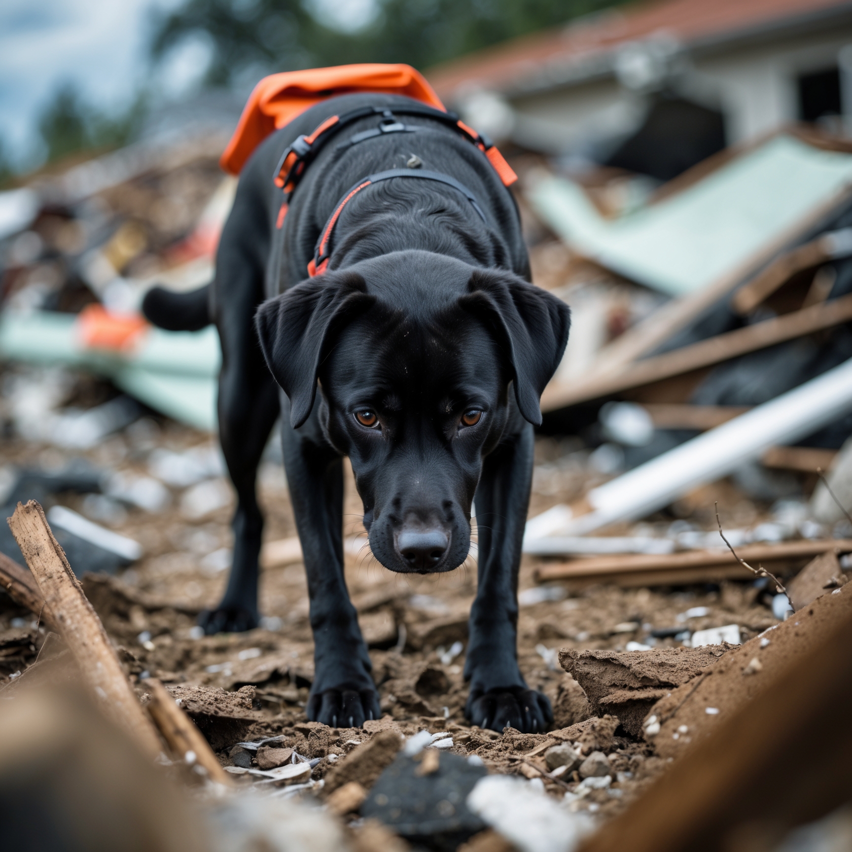 K9 Bella, a heroic rescue dog, focused on her search amidst rubble, embodying dedication and determination to save lives.