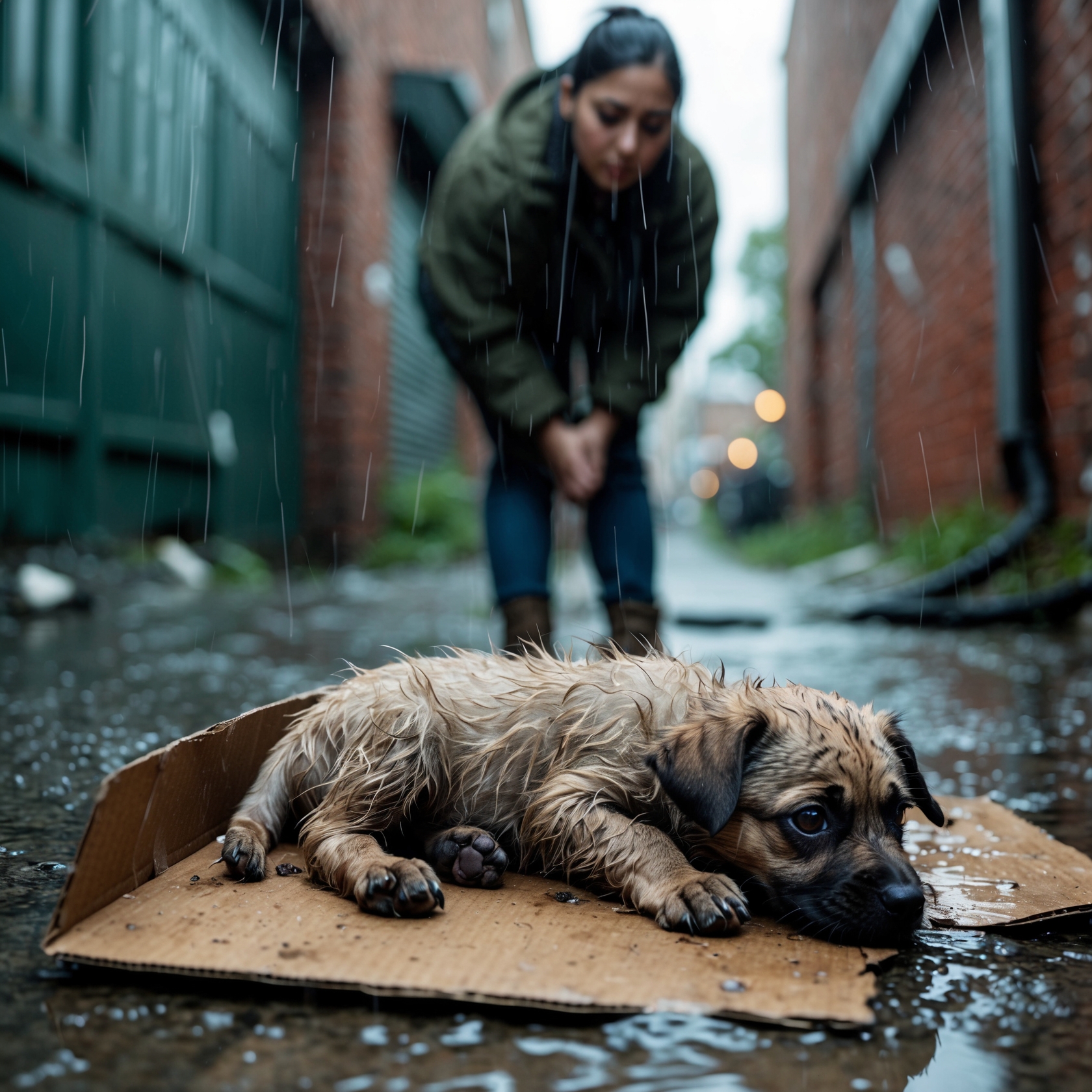 A fragile puppy abandoned in the rain, staring up with hope and fear as a woman provides comfort, her first moments of rescue.