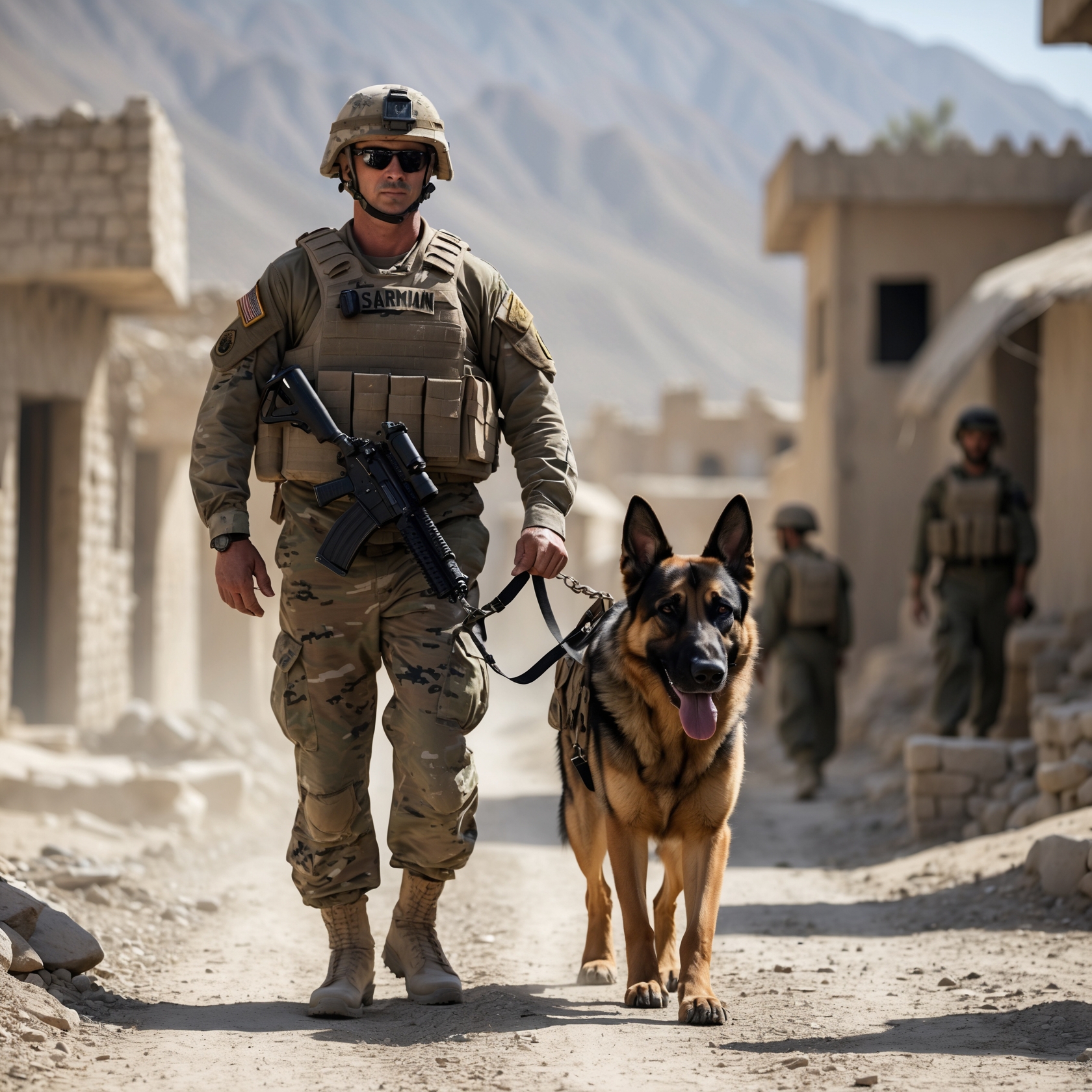 A heroic dog, Sergeant Rex, leading a dangerous mission in Afghanistan, a symbol of loyalty and bravery.