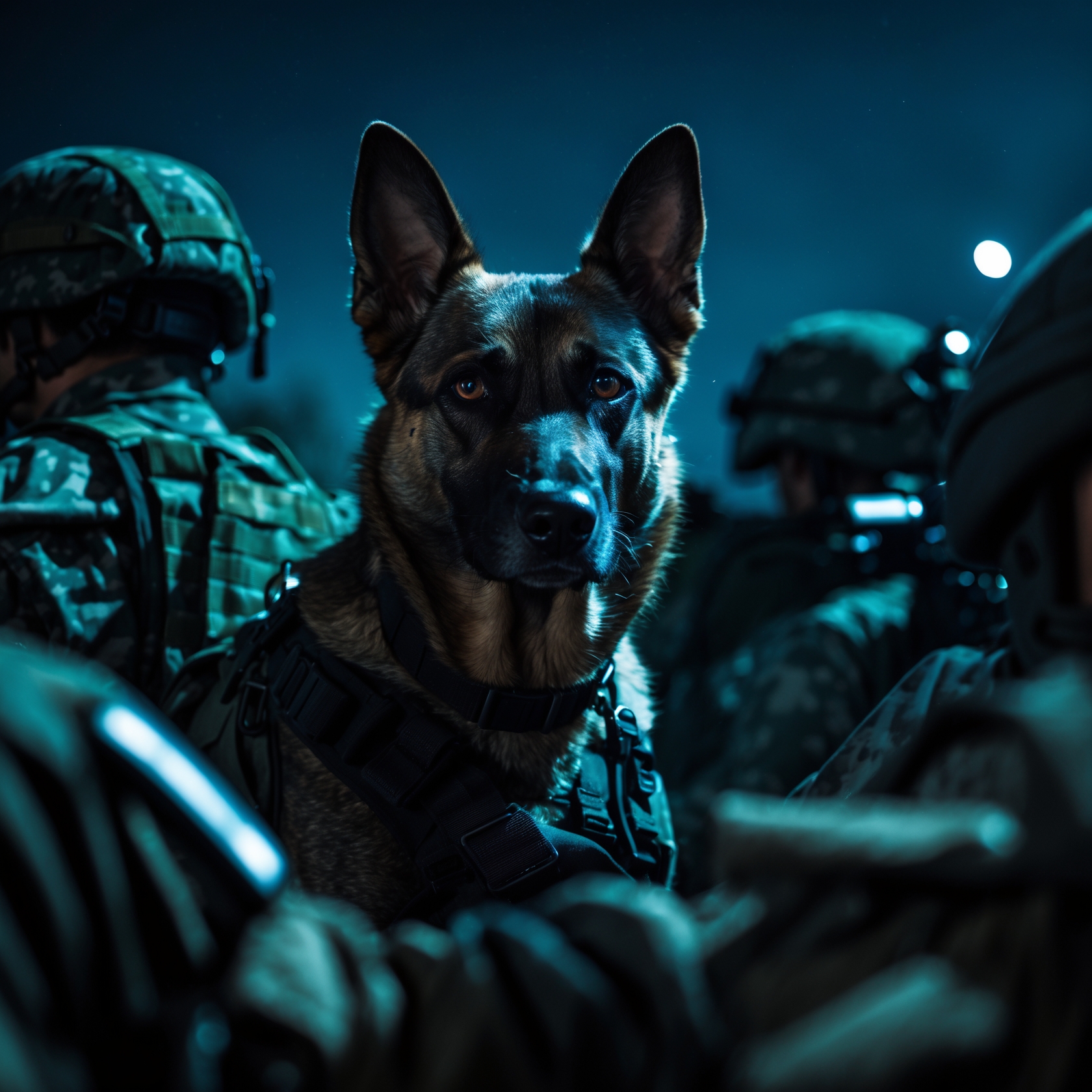 A Belgian Malinois named Ghost, a silent protector, blends into the shadows of a military mission.