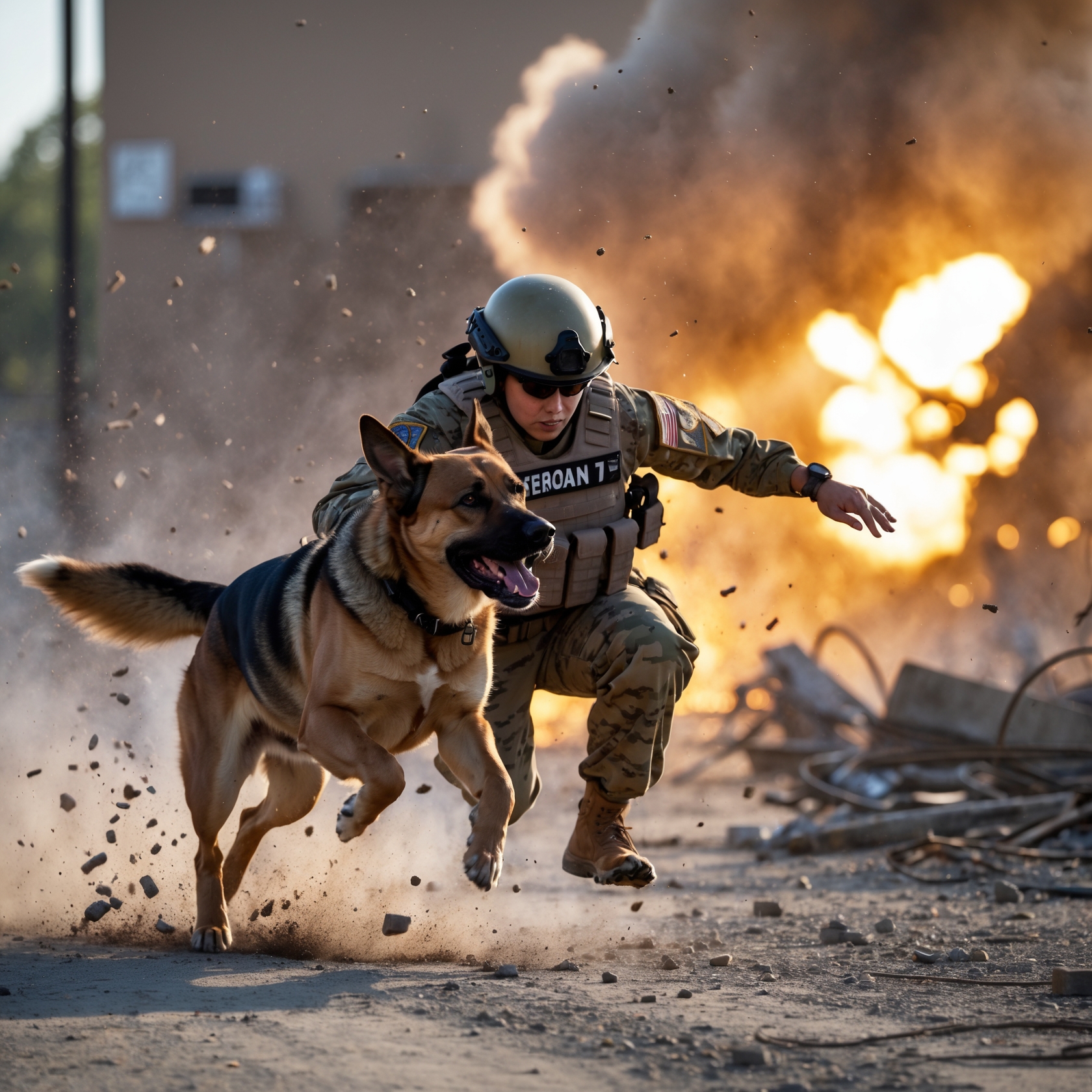 K9 Sasha leaps to save her handler, placing herself in the line of fire to protect Sergeant Elena Ruiz.