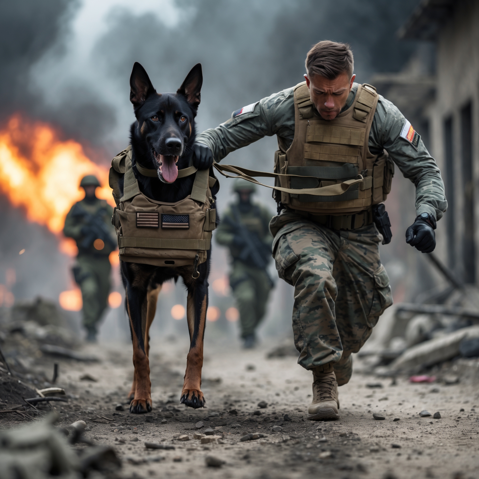 K9 Rex pulls his wounded handler to safety during an ambush in Iraq, showcasing his courage and loyalty under fire.