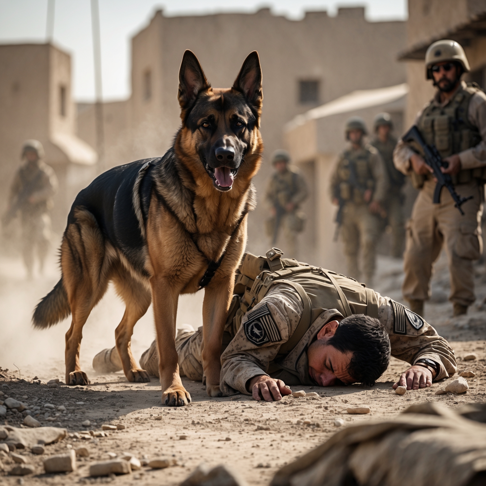 A brave military dog, K9 Tango, guarding his fallen handler in a heroic last stand, showcasing loyalty and courage.