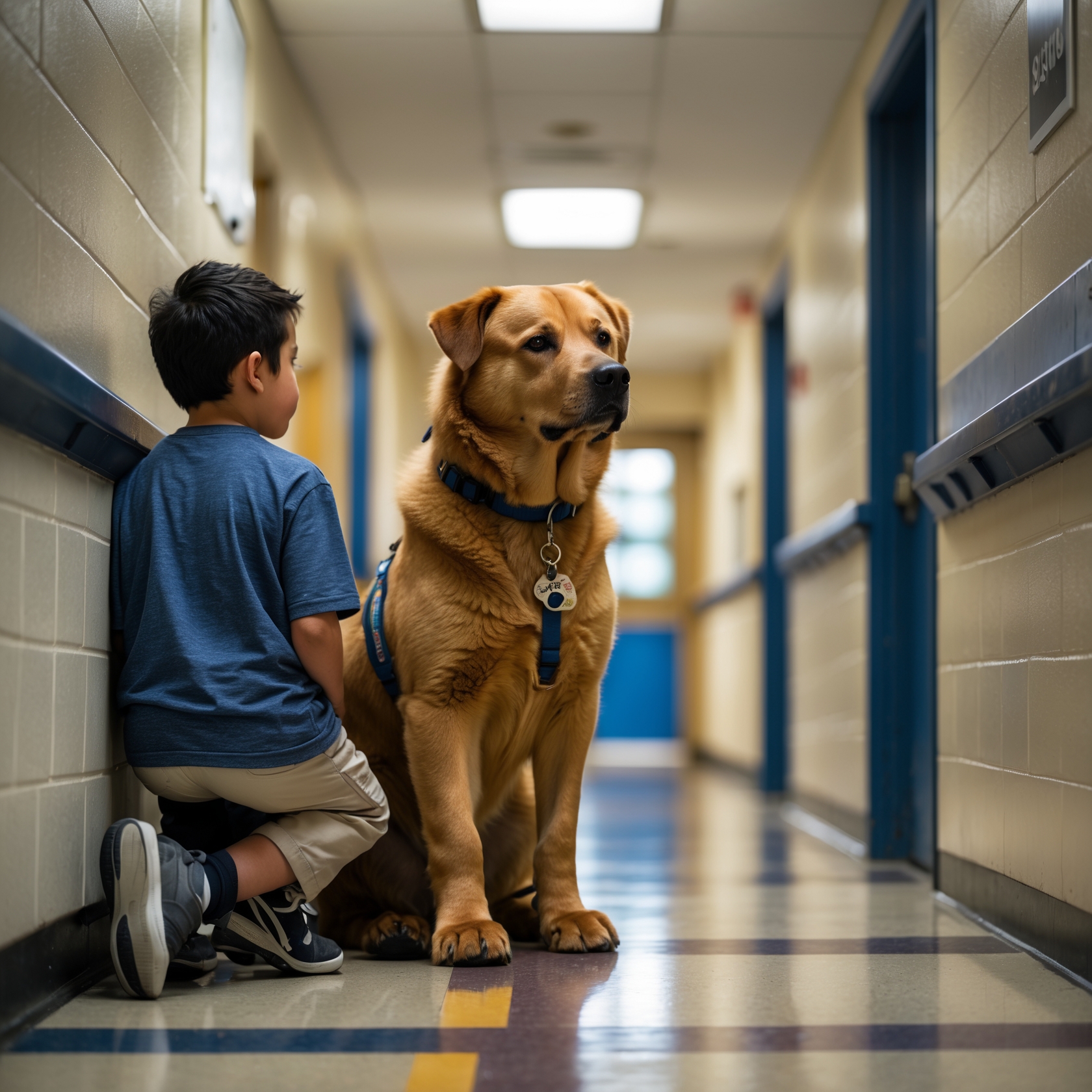 K9 Bear, the therapy dog, offering comfort to a child in need, embodying the healing power of canine companionship.