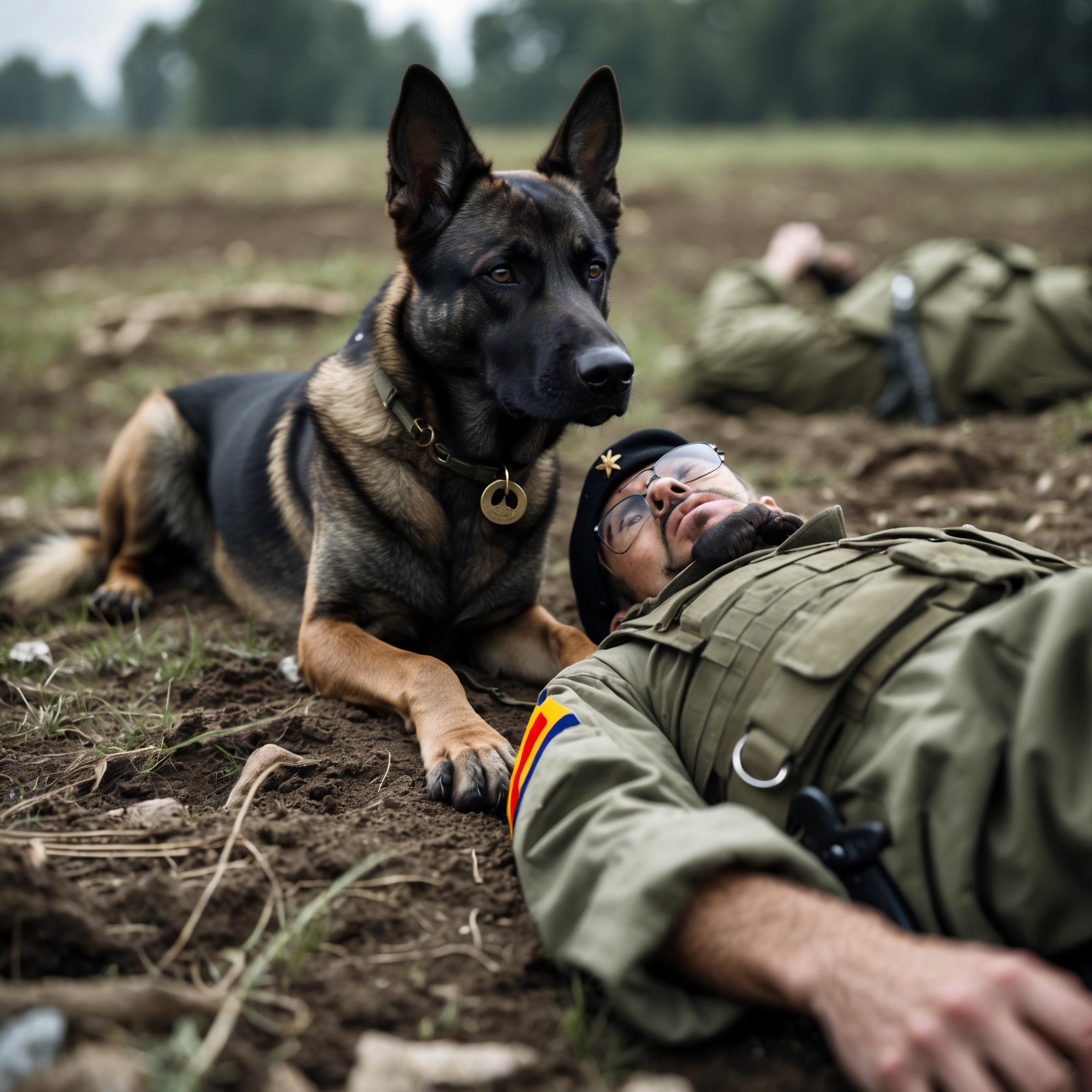 Rocco lying beside his fallen handler, Private First Class Torres, embodying unwavering loyalty and love, even in death.