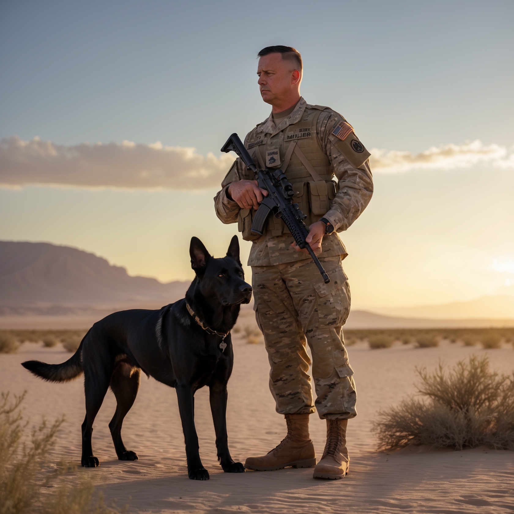A military dog and his handler in a deep, silent bond before heading out on a mission.
