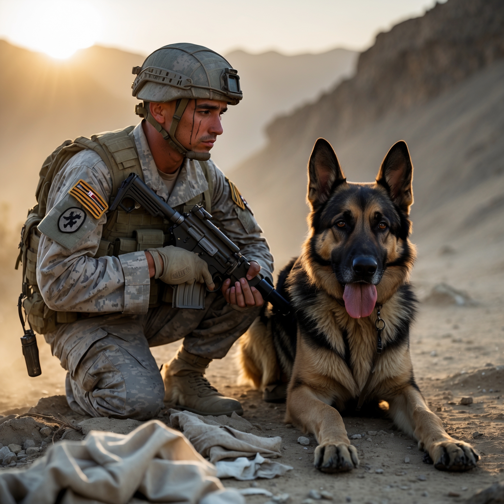 A dog and soldier in a heart-wrenching moment after an explosion in a battlefield.