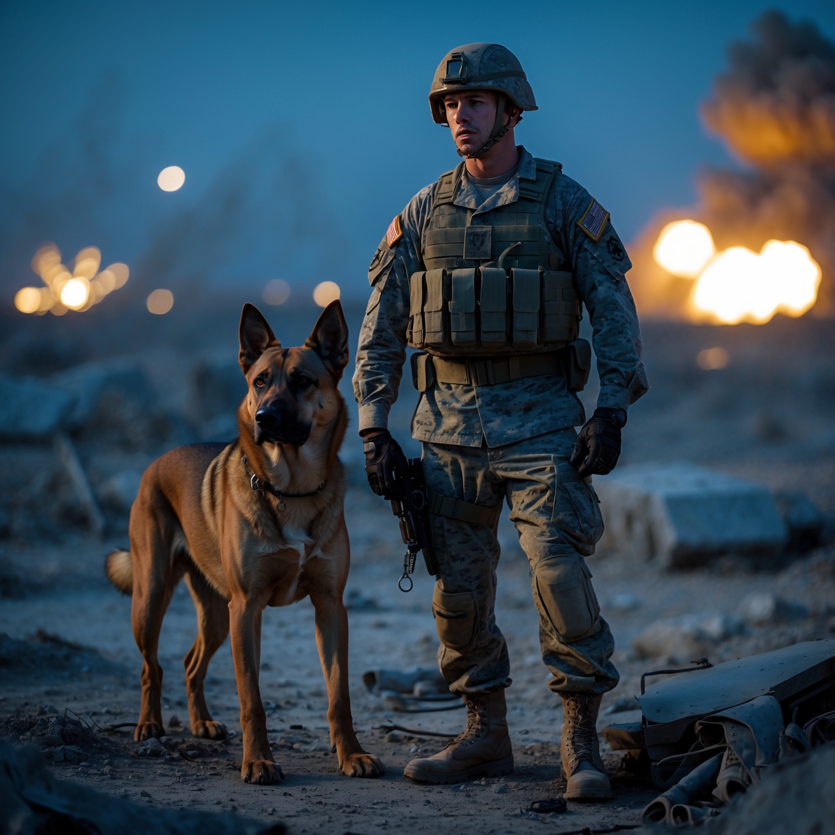 Rex, the military dog, fiercely guarding his handler, Sergeant Miller, amidst chaos during a battlefield ambush.
