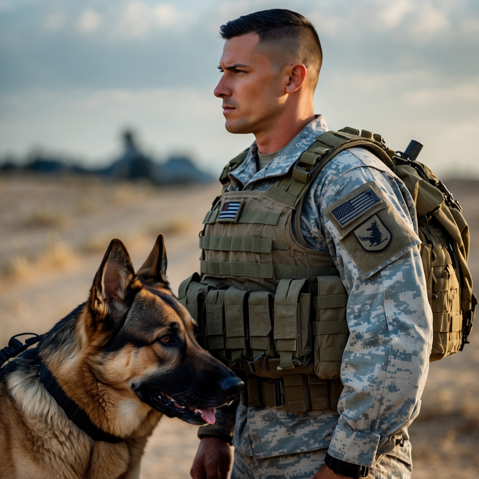 A Navy SEAL and his K9 partner, Titan, sharing a moment of loyalty and trust, ready for the mission ahead.