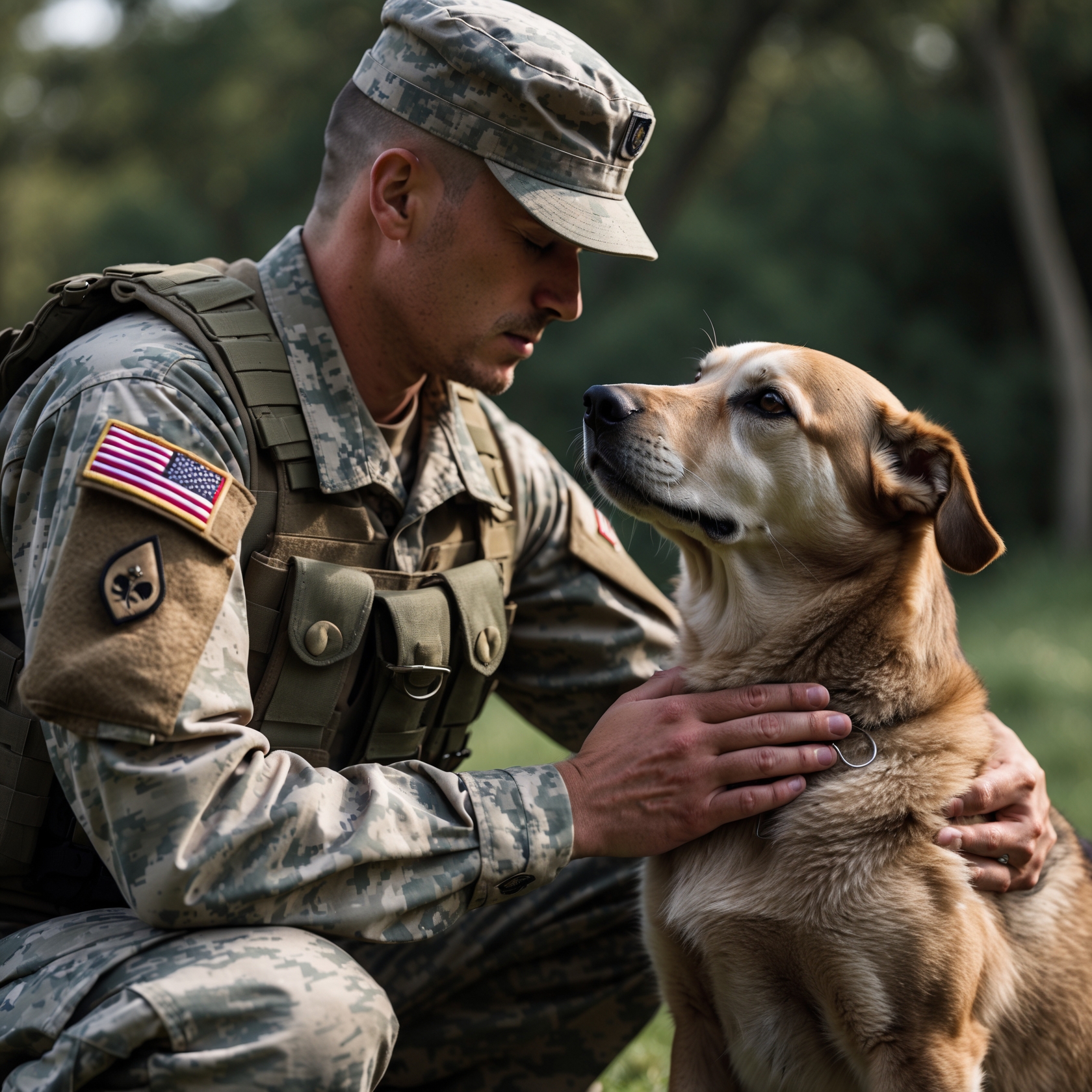 A soldier saying goodbye to his loyal dog in a final, emotional moment of love and respect.