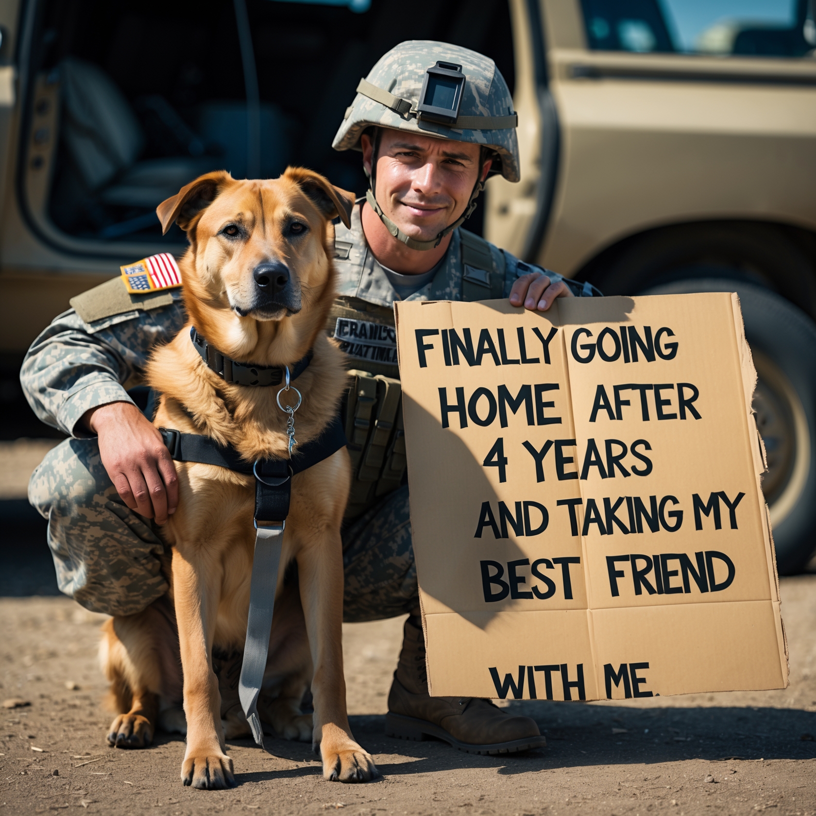 A soldier and his dog, Ranger, celebrating their homecoming, a promise fulfilled after four years of war.