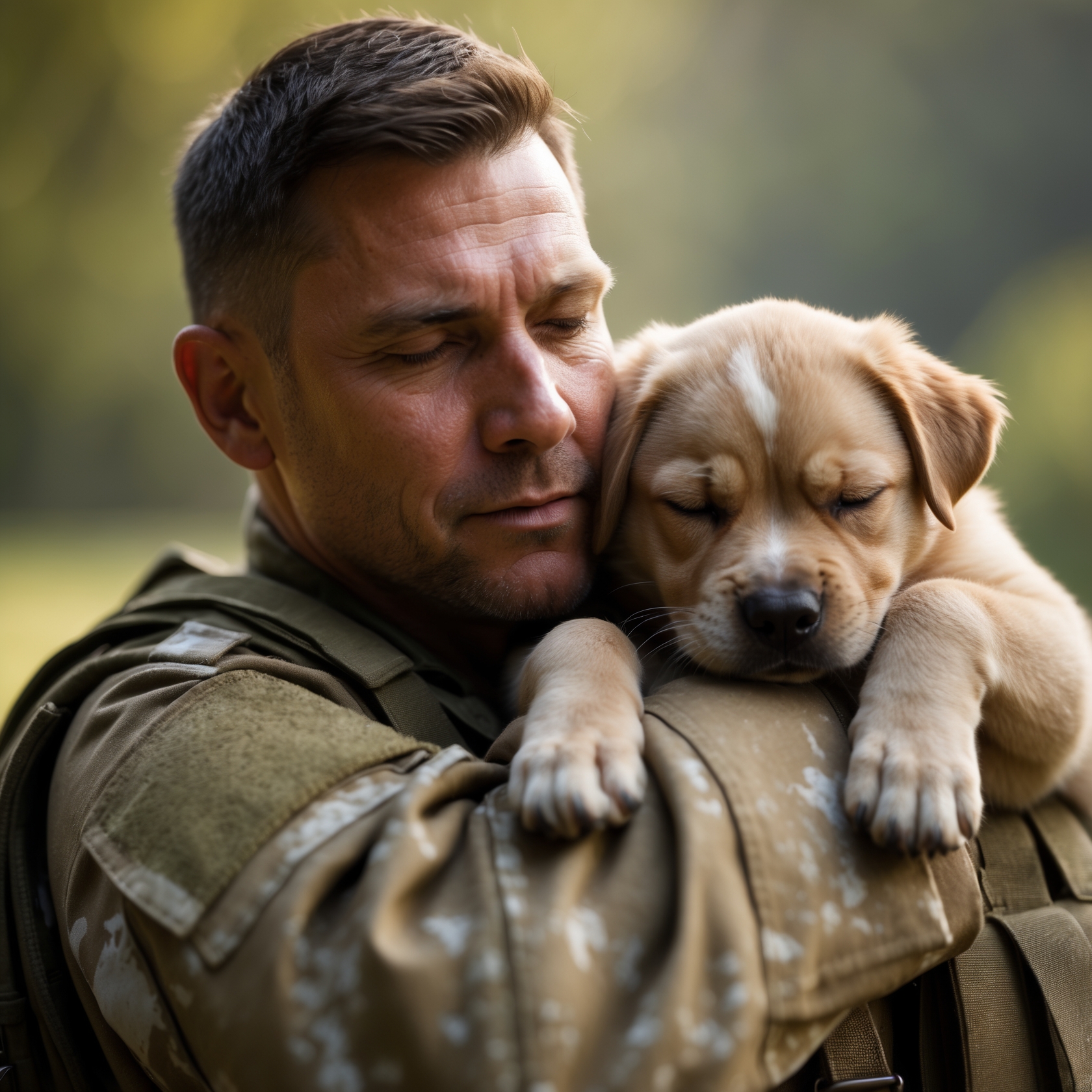 A retired soldier and his rescued puppy, Max, sharing a moment of peace and connection, a bond that will change both of their lives forever.