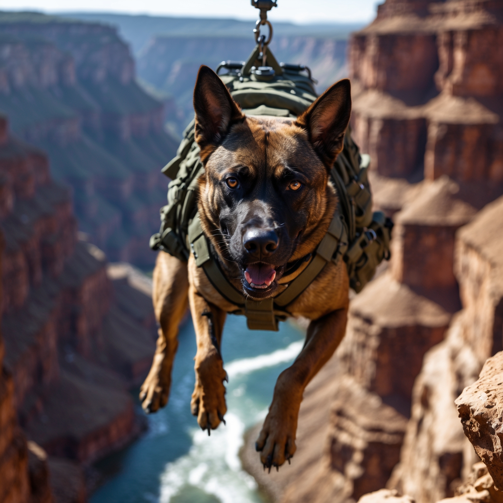 A courageous military dog being lowered into a battlefield, symbolizing loyalty and bravery.