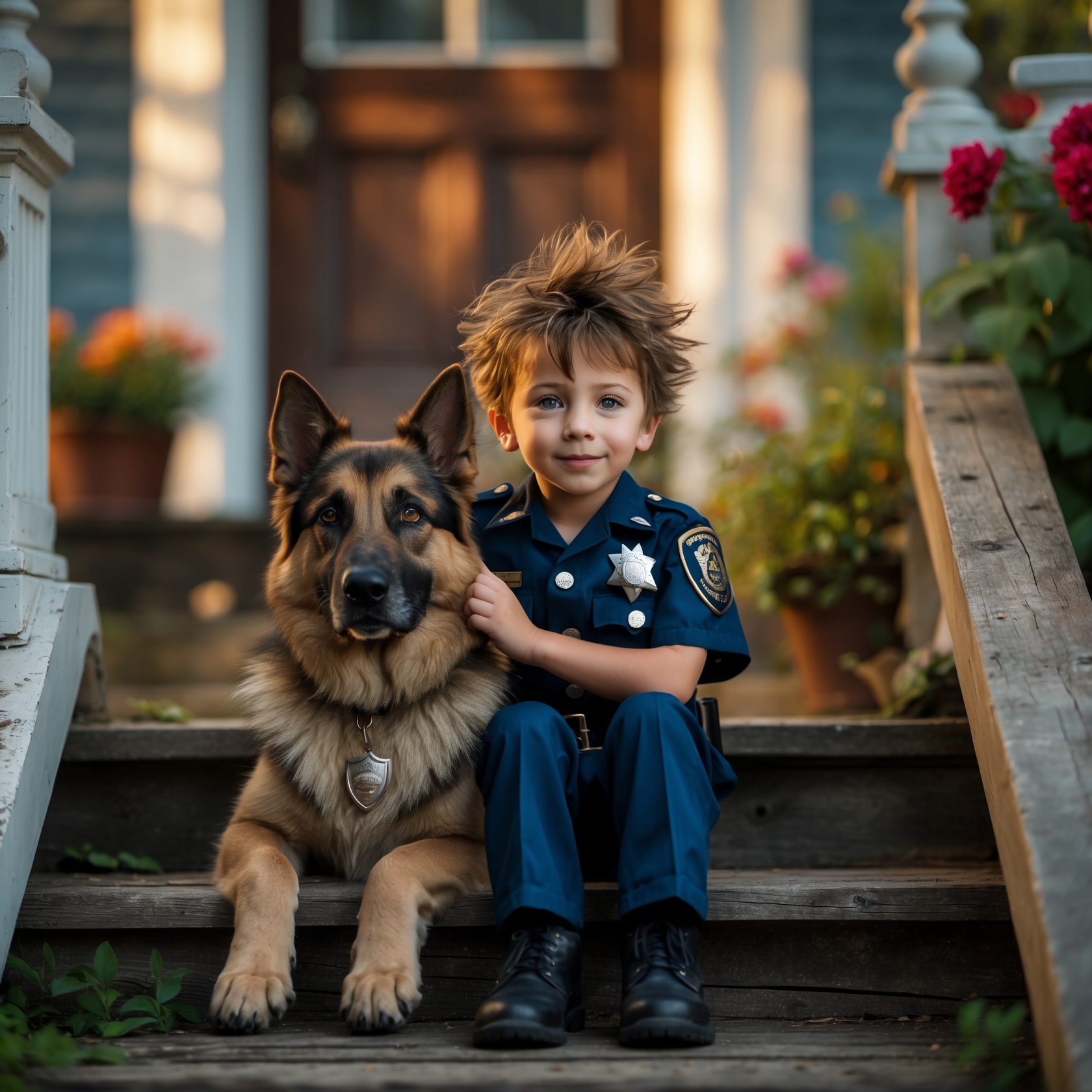 A touching moment between Mason and his dog, Rex, symbolizing the deep bond of loyalty and remembrance between a fallen officer’s son and his partner.
