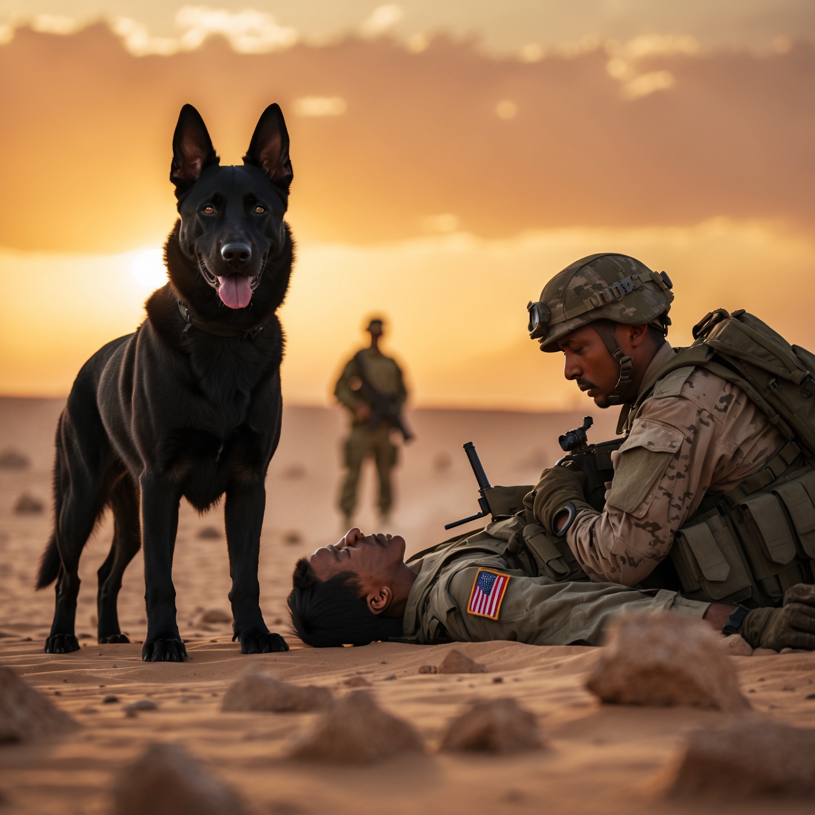 A brave dog standing guard over his injured handler, his loyalty and courage captured in a touching moment during battle.