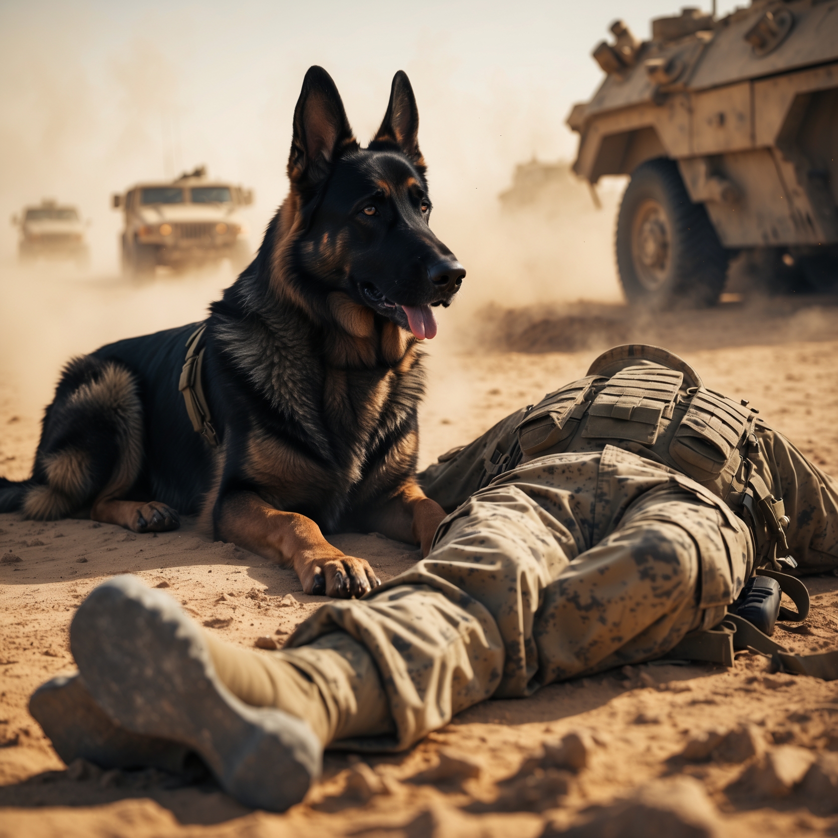 A fallen K9 hero, Sergeant Max, lying beside his handler in the aftermath of a deadly blast, symbolizing sacrifice and loyalty.