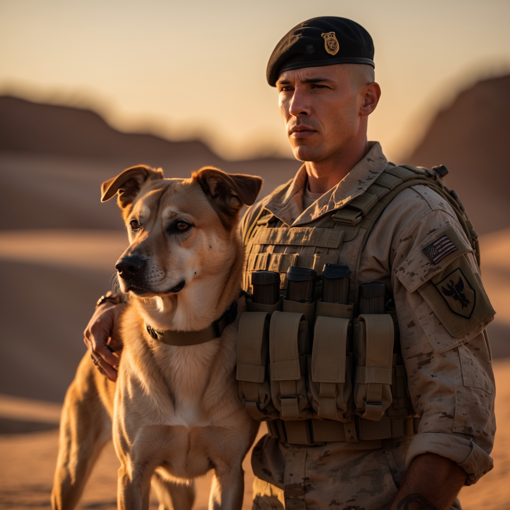A soldier and his dog standing united at dawn, symbolizing loyalty, trust, and companionship in the quiet desert morning.