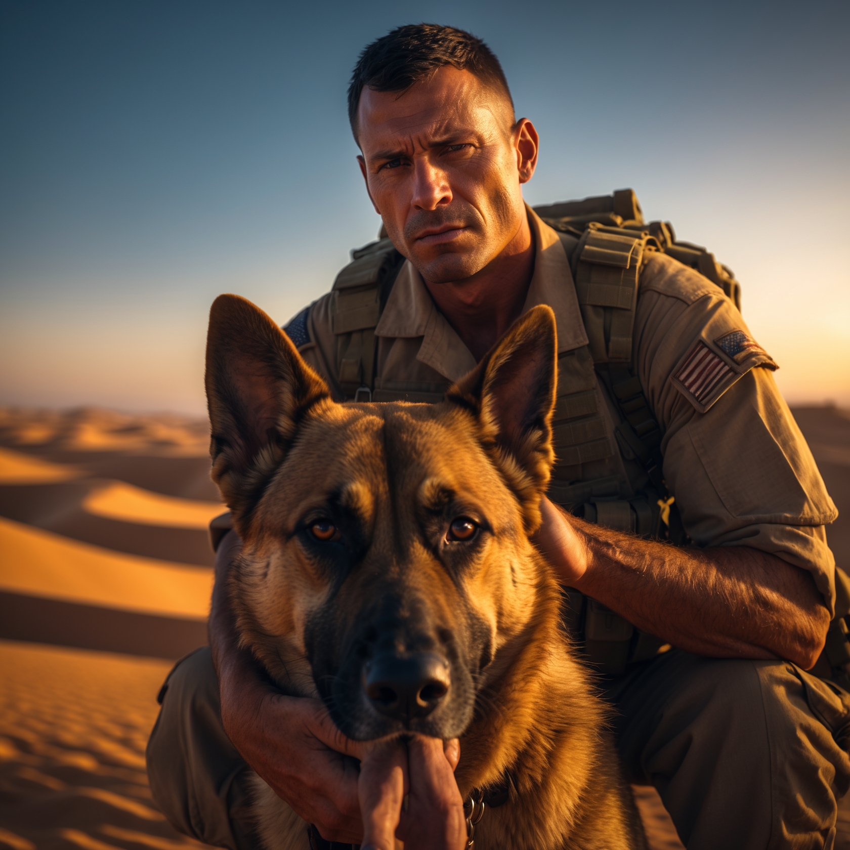 A soldier and his dog, Scout, standing in the desert at twilight, embodying the deep bond of loyalty and trust forged through years of service.