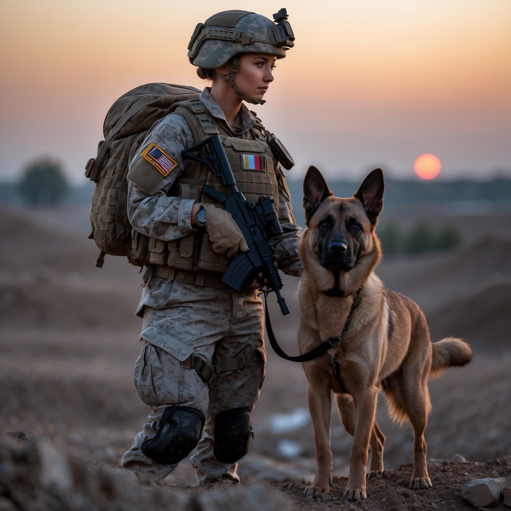 A soldier and her loyal Belgian Malinois, Luna, sharing a moment of solidarity in the twilight, embodying their deep connection.