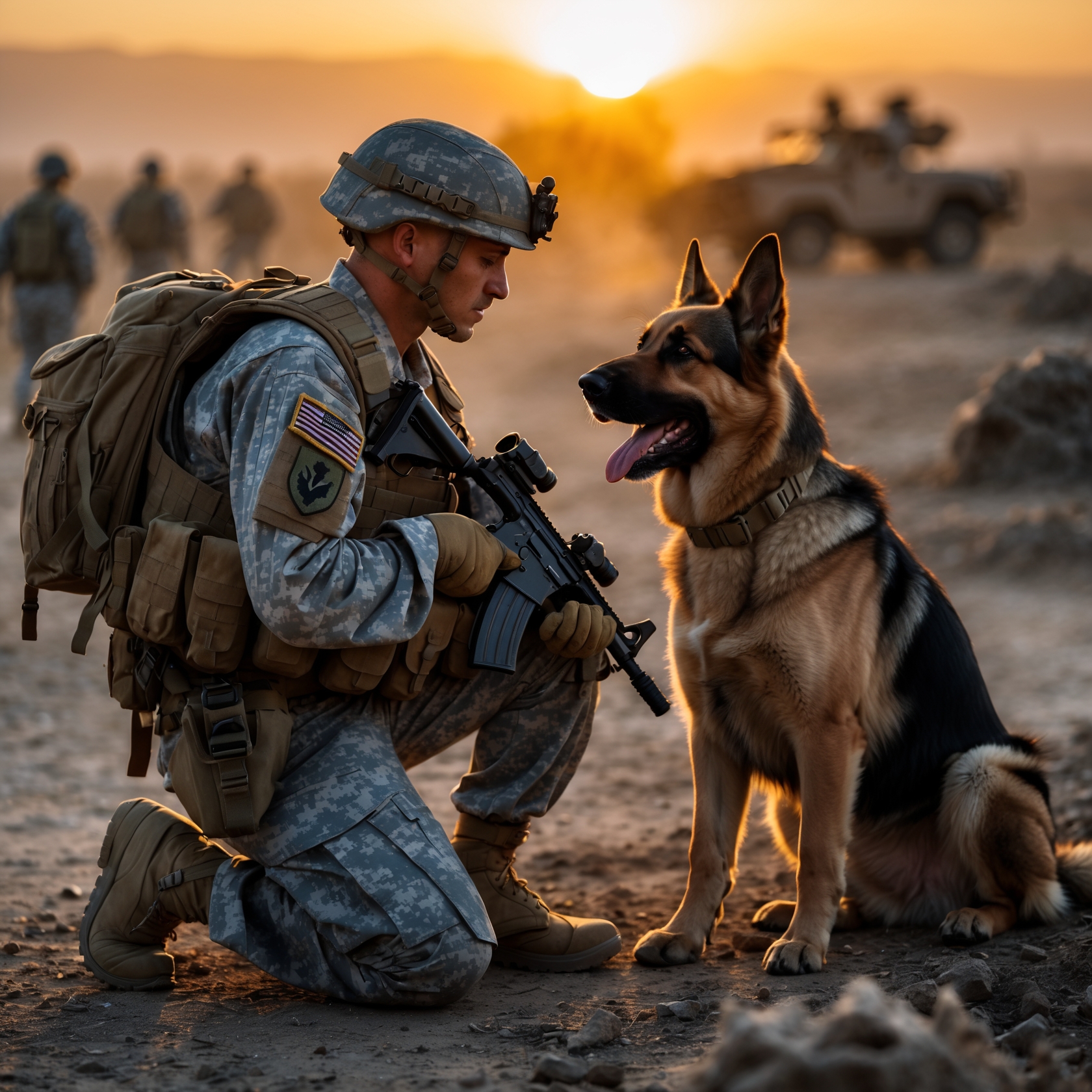 A soldier and his German Shepherd, Titan, sharing a moment of trust and camaraderie, preparing for the mission ahead.