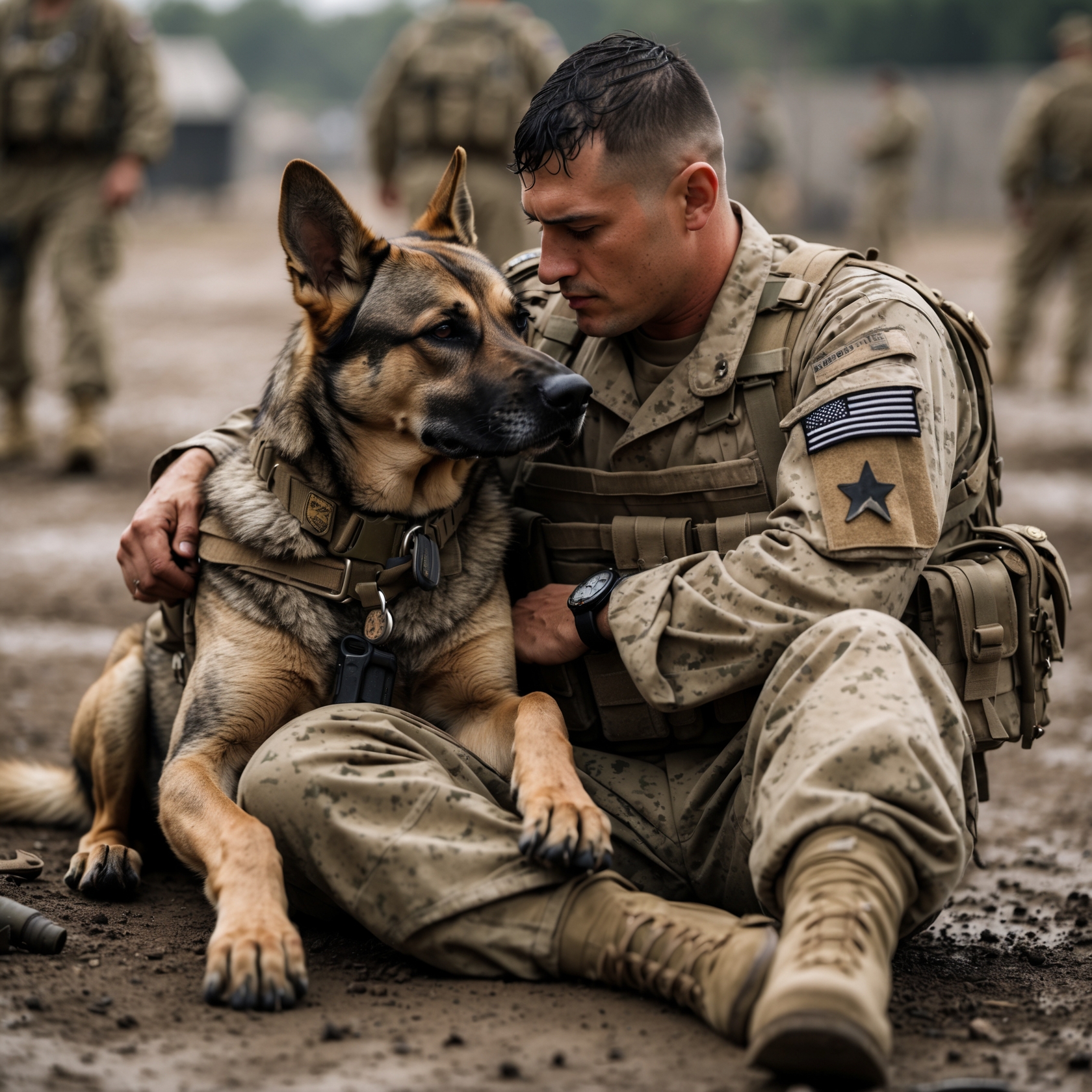 A soldier and his K9 partner sharing a quiet moment of peace amidst the chaos of war, embodying loyalty, sacrifice, and deep companionship.