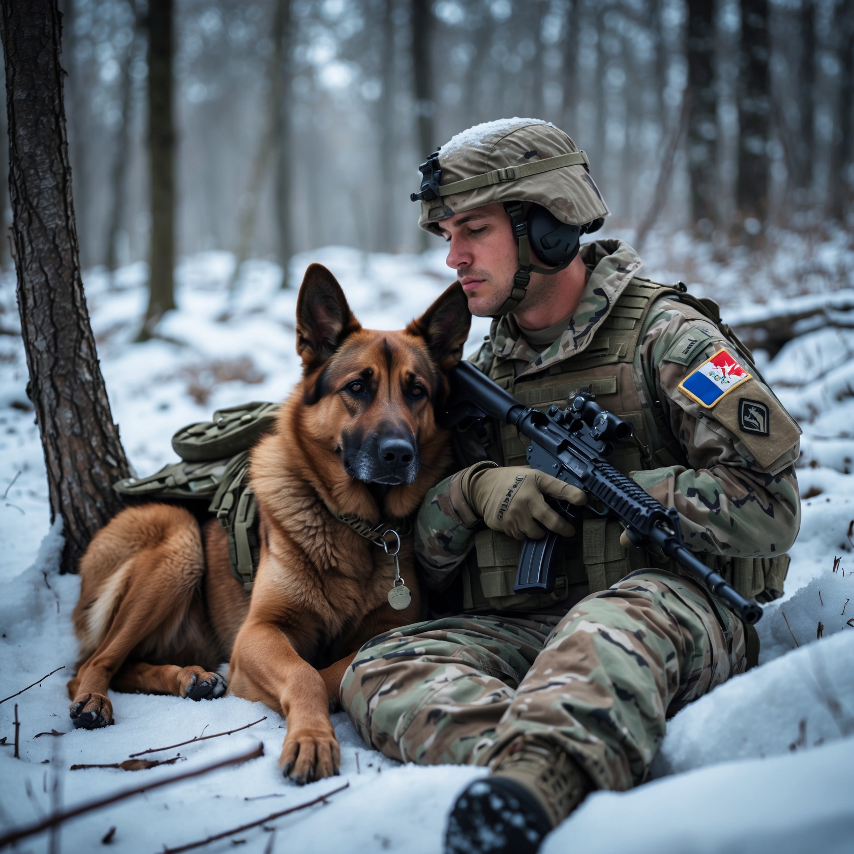 A soldier and his loyal Belgian Malinois, Scout, sharing a quiet moment in the snowy forest, embodying their unbreakable bond and mutual trust.