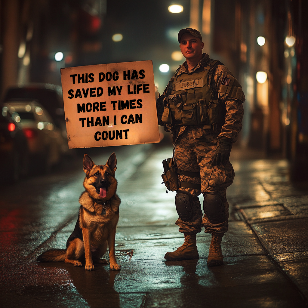 A soldier and his loyal dog in a poignant moment of connection, embodying loyalty and silent heroism.